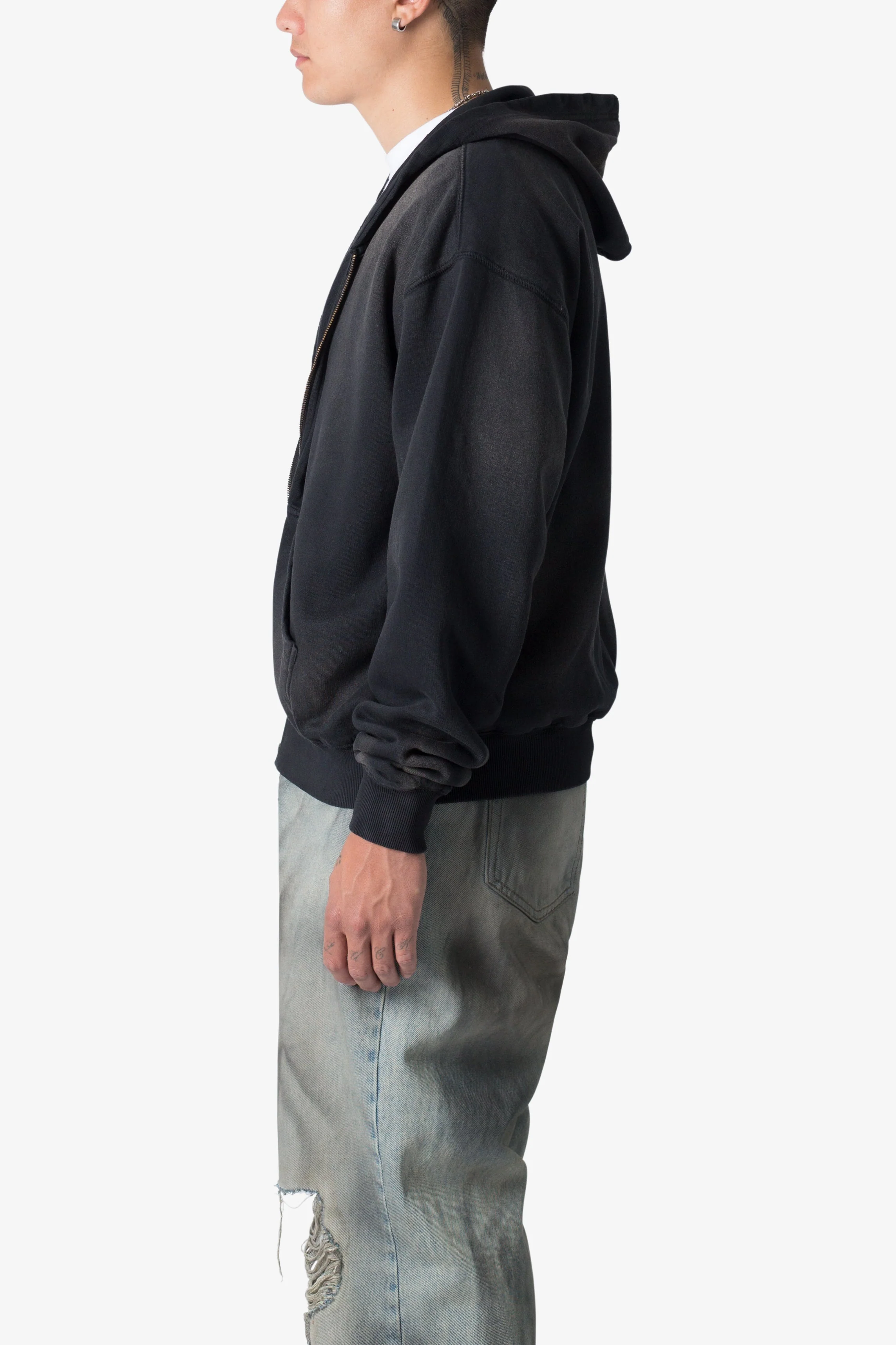 Faded Basic Zip Up Hoodie - Washed Black - Image 4