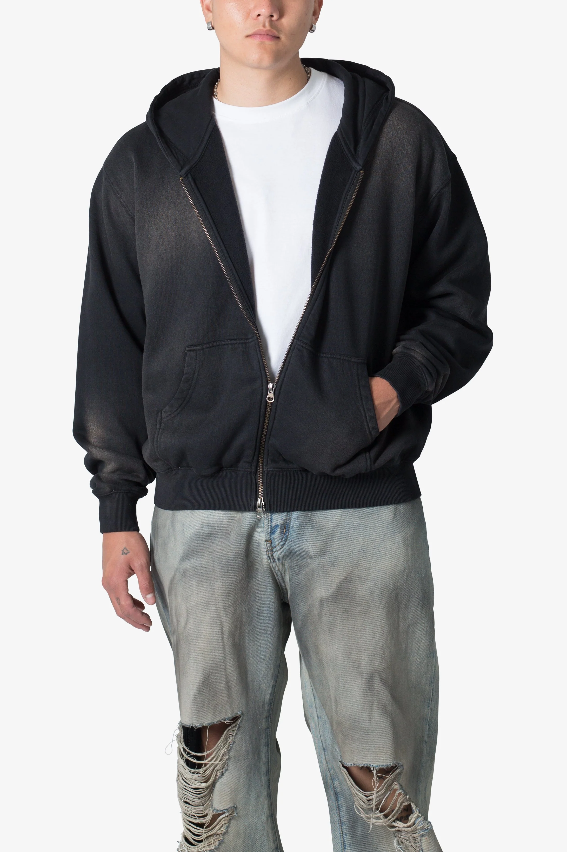 Faded Basic Zip Up Hoodie - Washed Black - Image 6