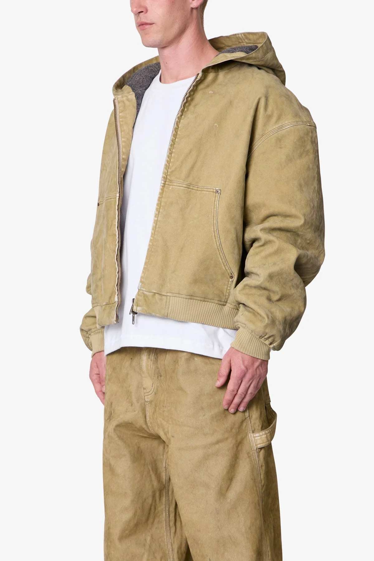 Flocked Hooded Zip Up Work Jacket - Tan - Image 3