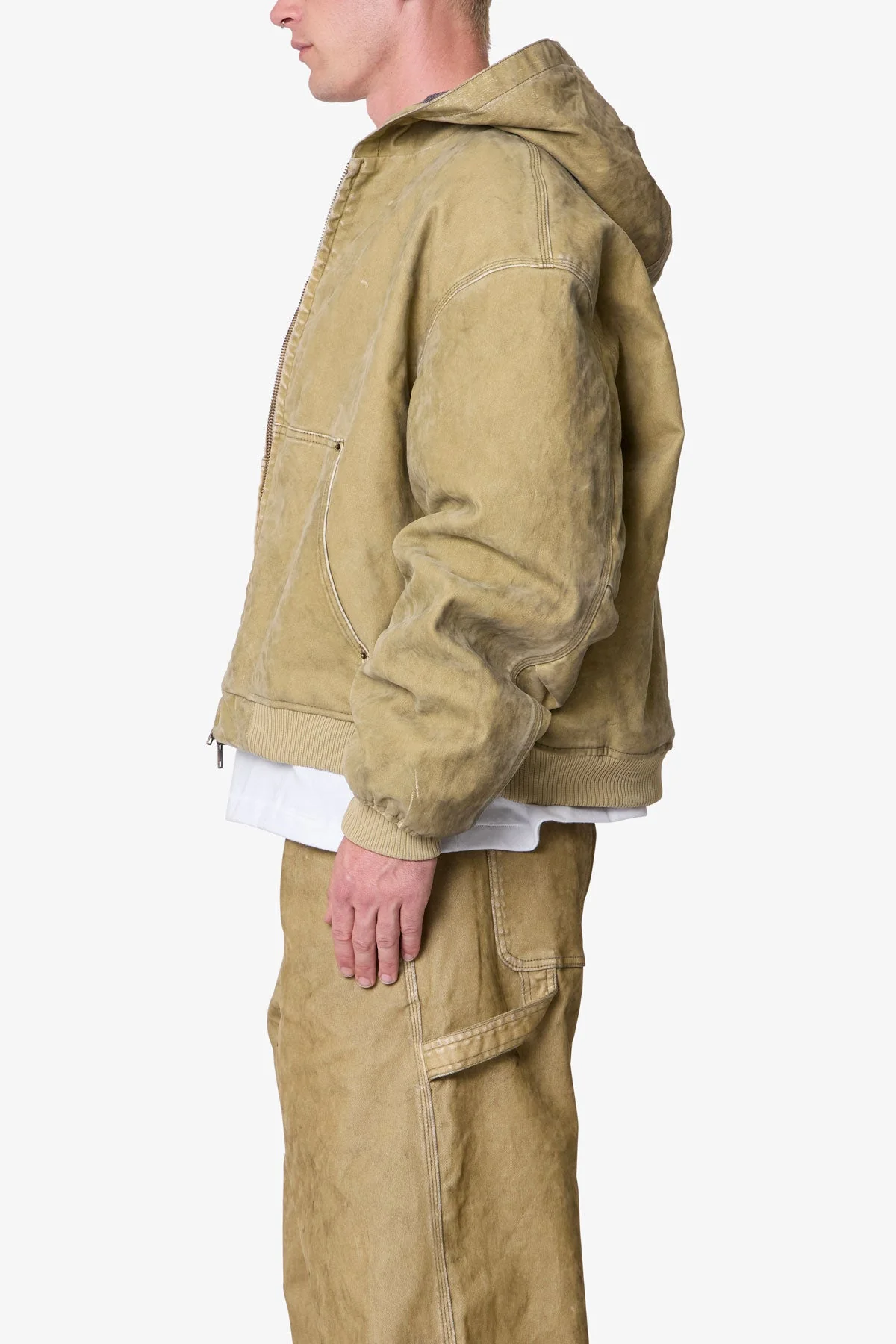 Flocked Hooded Zip Up Work Jacket - Tan - Image 4