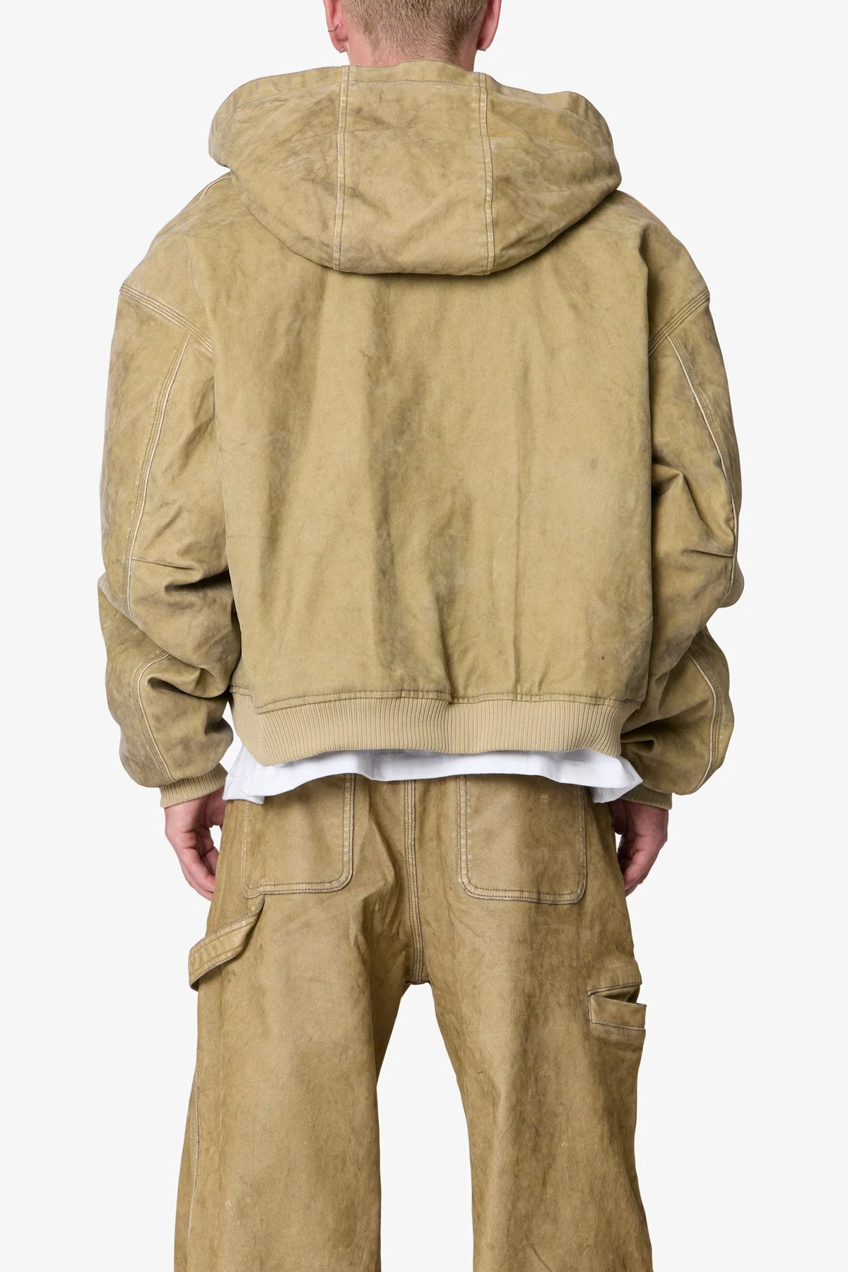 Flocked Hooded Zip Up Work Jacket - Tan - Image 5