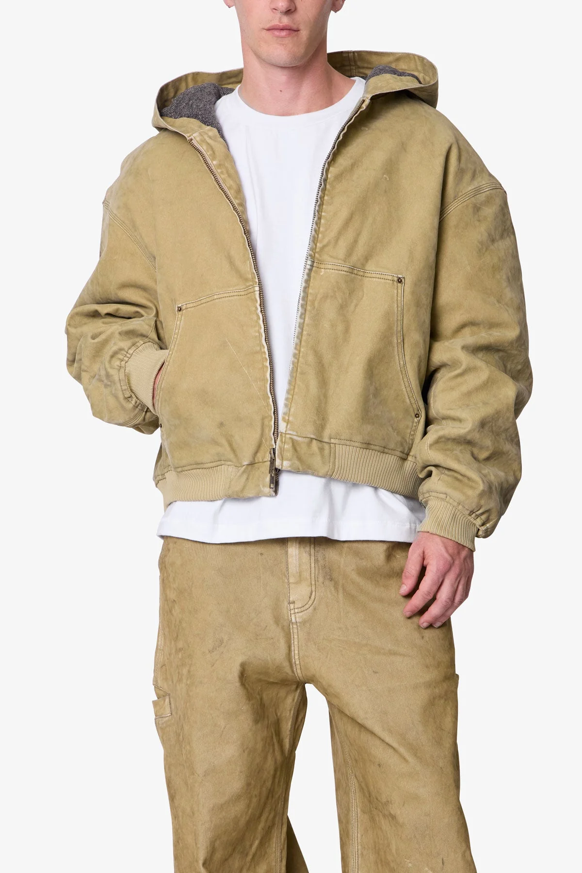 Flocked Hooded Zip Up Work Jacket - Tan - Image 6