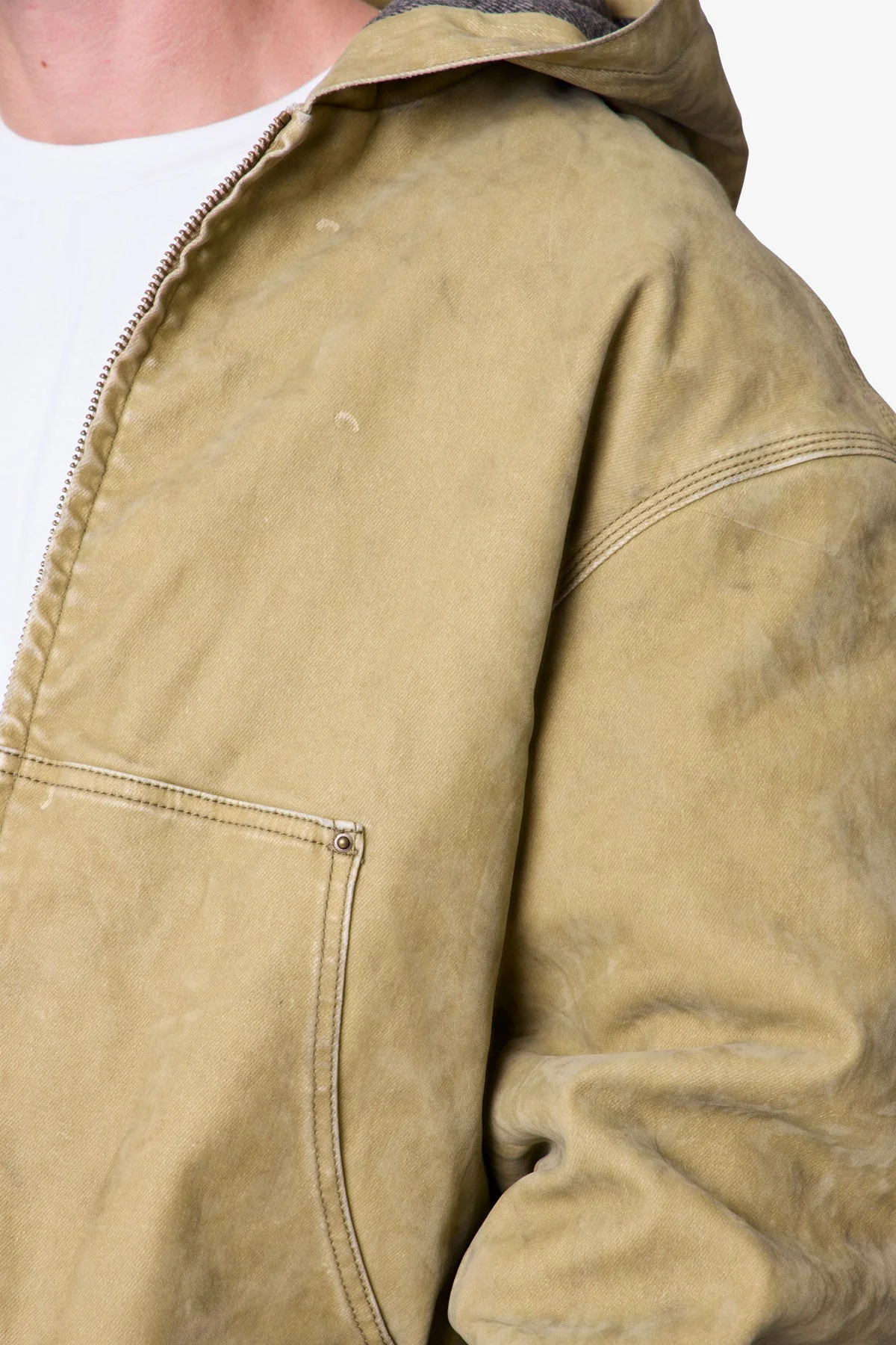Flocked Hooded Zip Up Work Jacket - Tan - Image 7