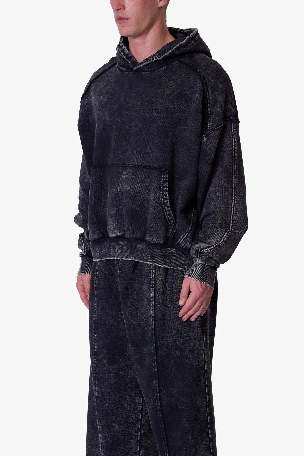 Frayed Seam Acid Wash Hoodie - Black - Image 3