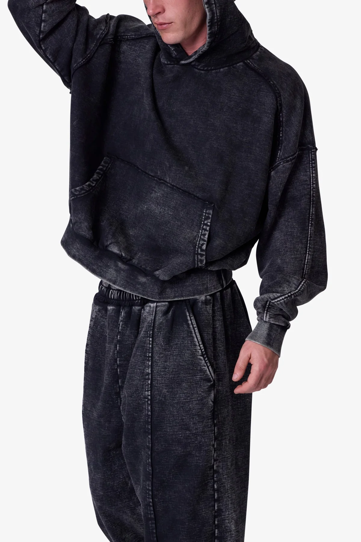 Frayed Seam Acid Wash Hoodie - Black - Image 4