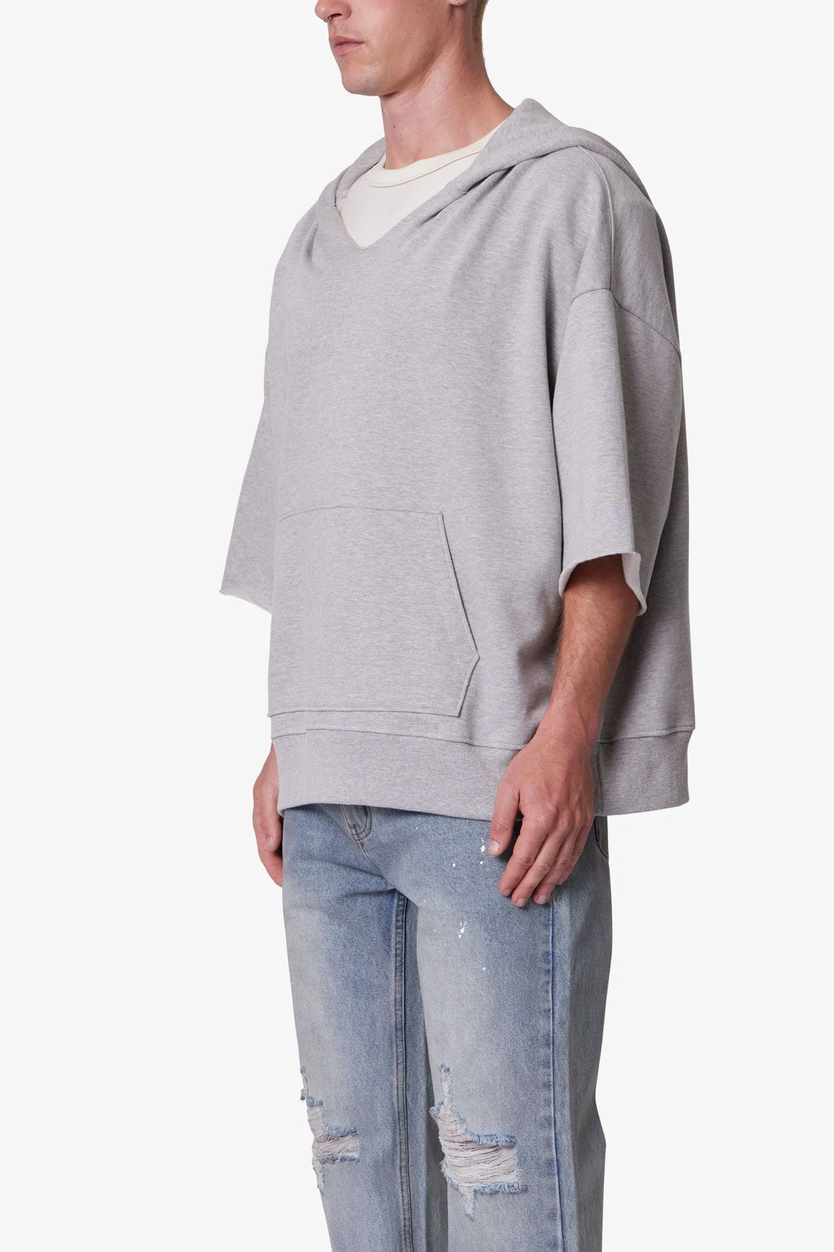 Hooded 3/4 Sleeve Rag Sweater - Grey - Image 3