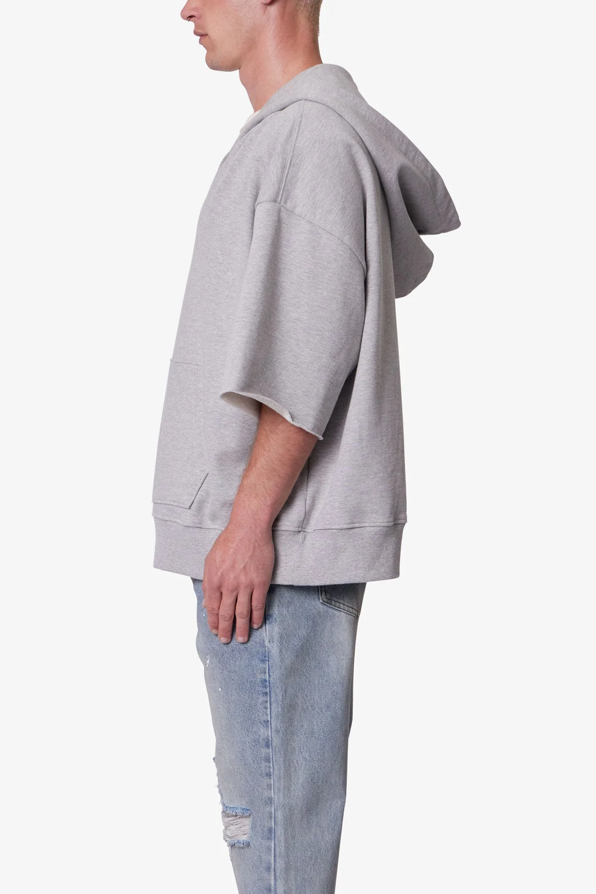 Hooded 3/4 Sleeve Rag Sweater - Grey - Image 4