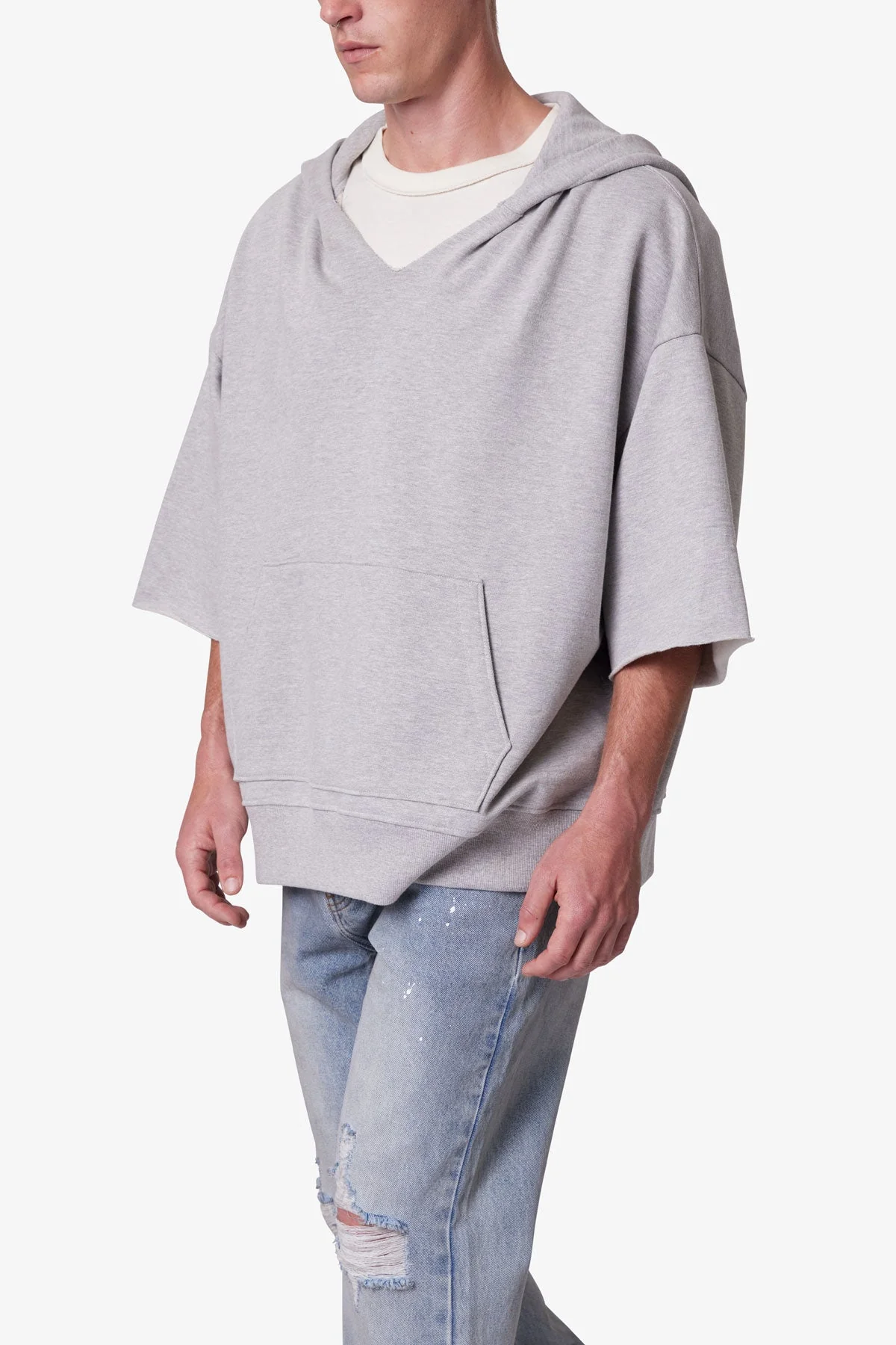 Hooded 3/4 Sleeve Rag Sweater - Grey - Image 6
