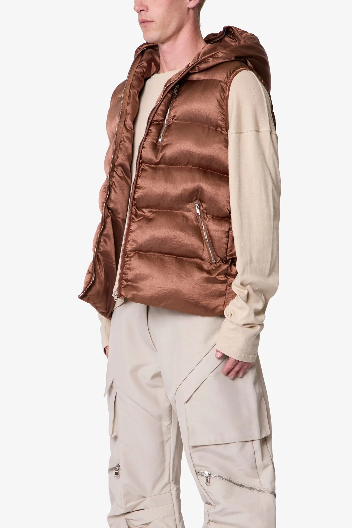 Hooded Puffer Vest - Brown - Image 3