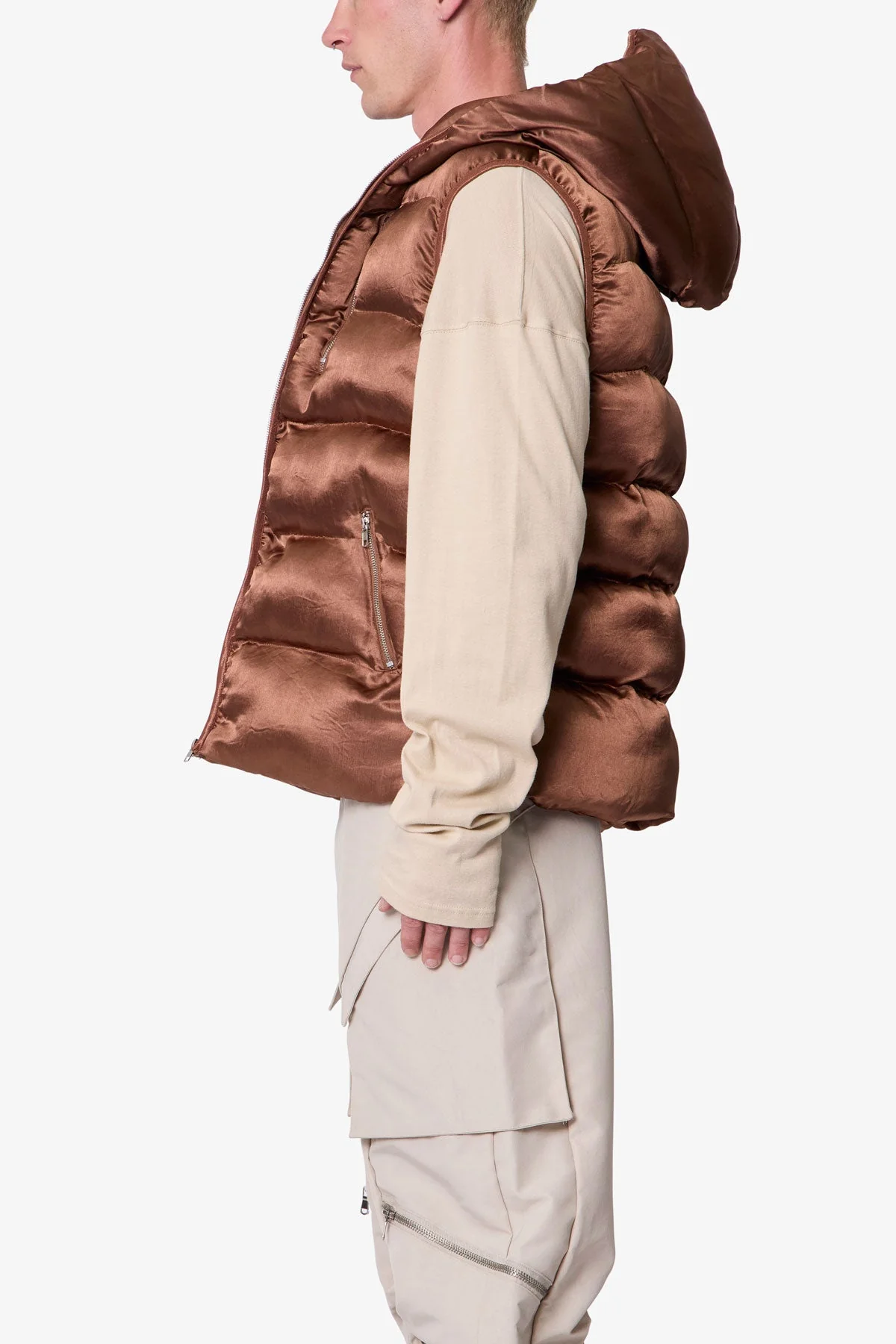 Hooded Puffer Vest - Brown - Image 4