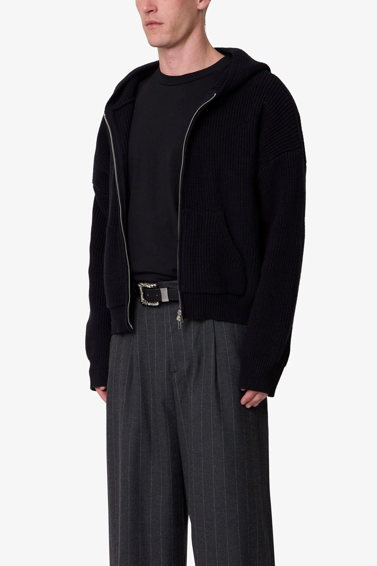 Knit Zip Up Hoodie - Black - Image 3
