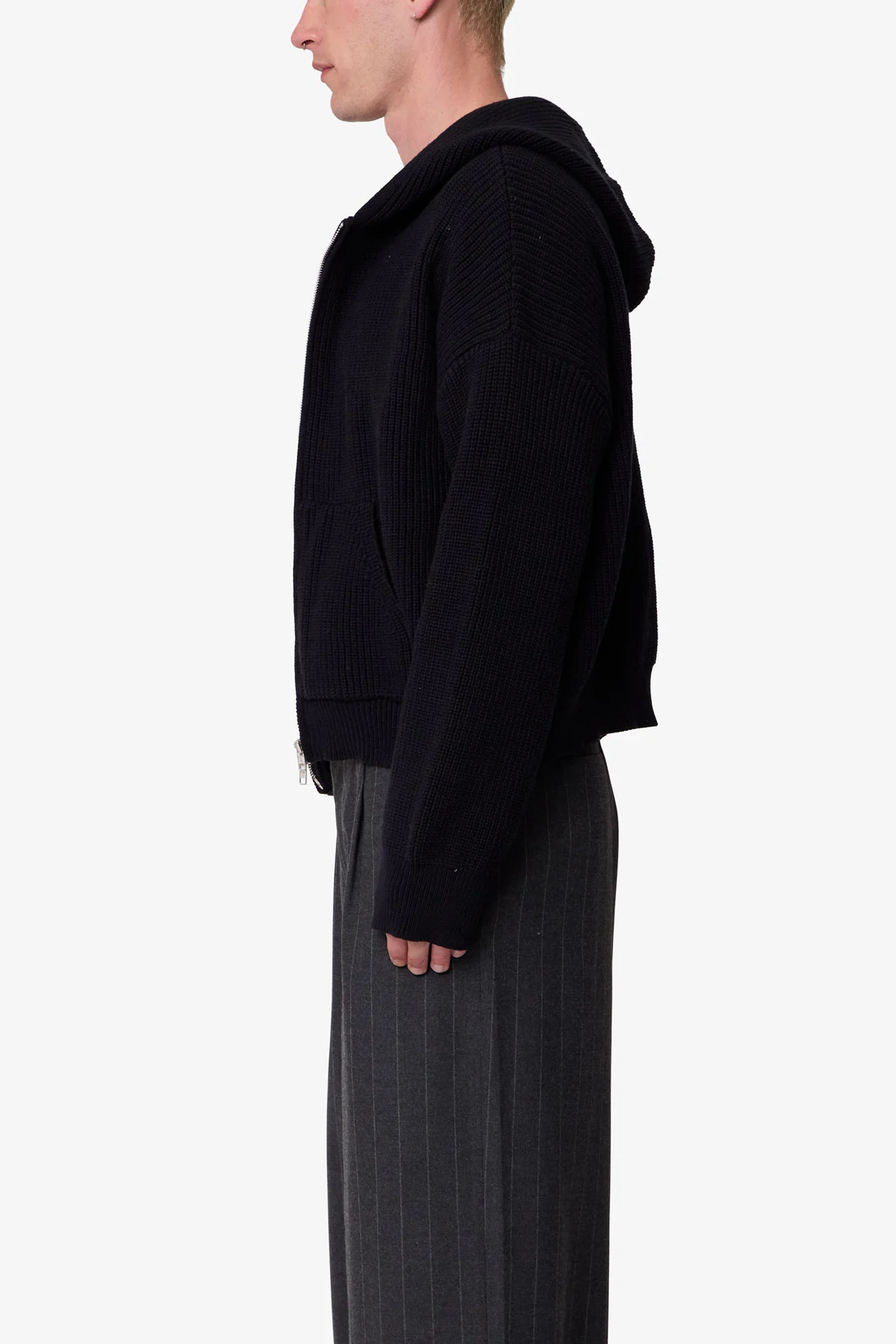 Knit Zip Up Hoodie - Black - Image 4