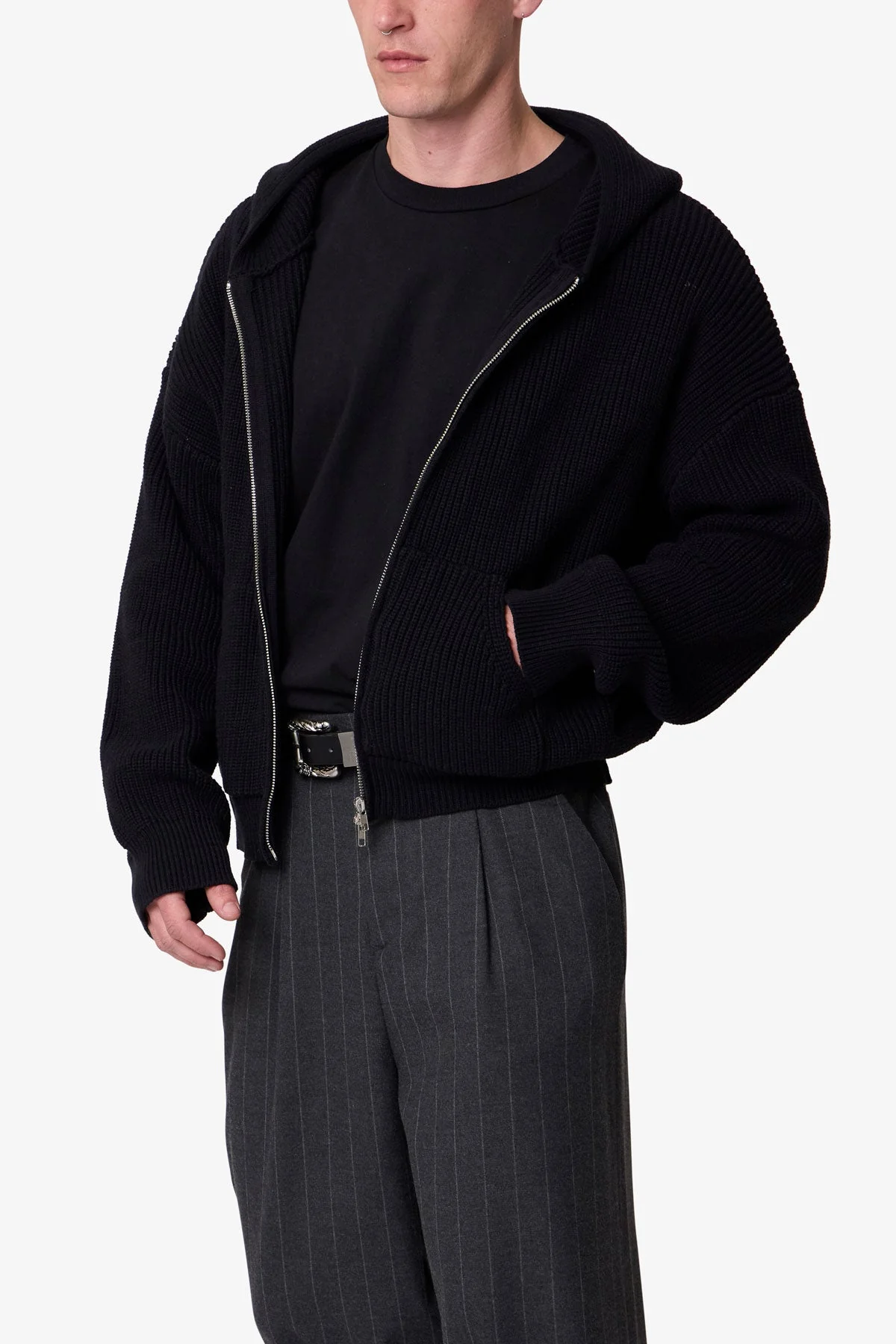 Knit Zip Up Hoodie - Black - Image 6