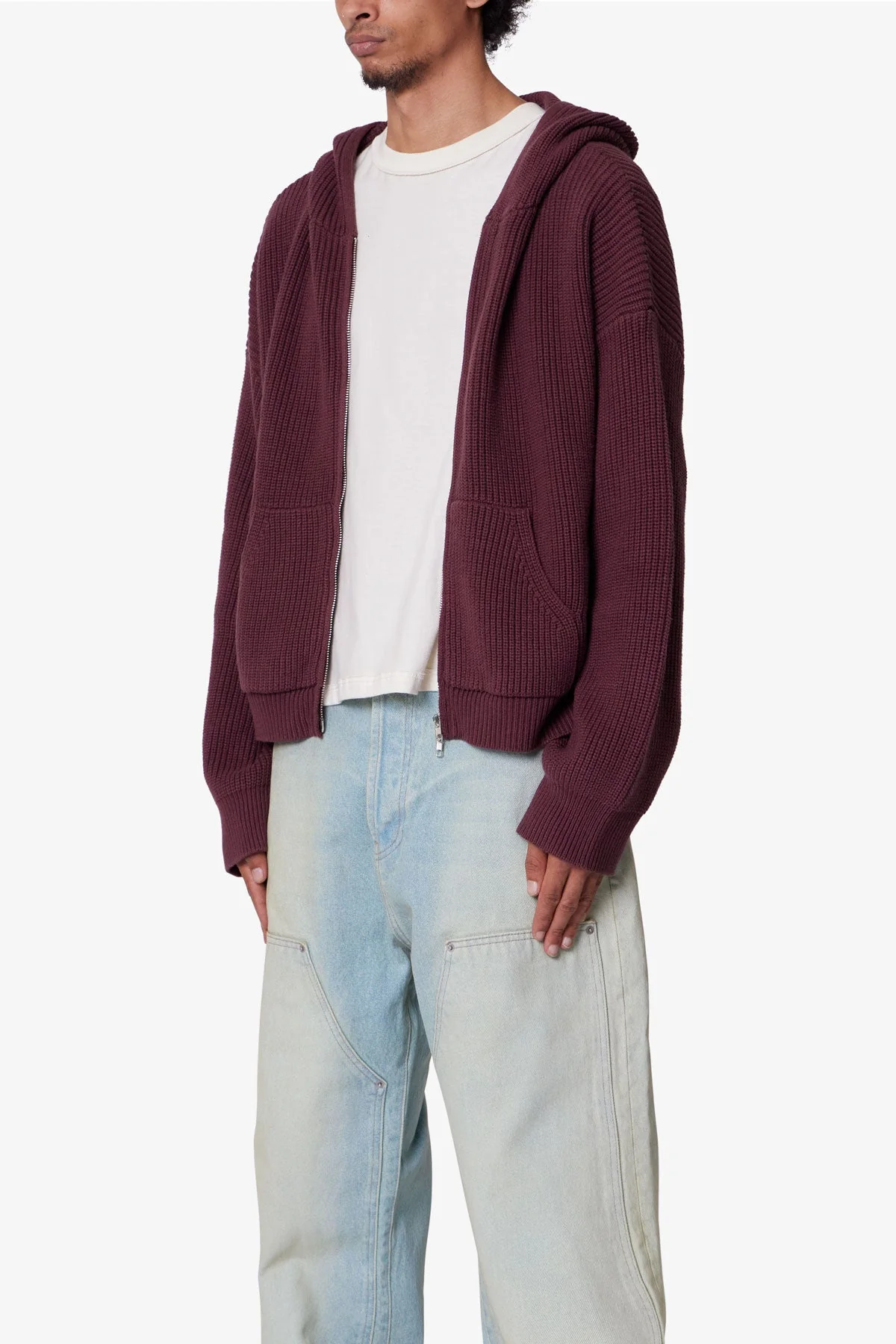 Knit Zip Up Hoodie - Burgundy - Image 3