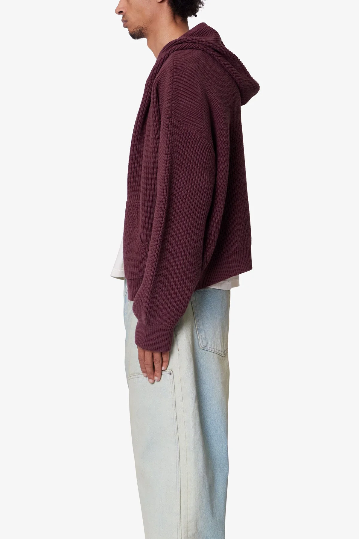 Knit Zip Up Hoodie - Burgundy - Image 4