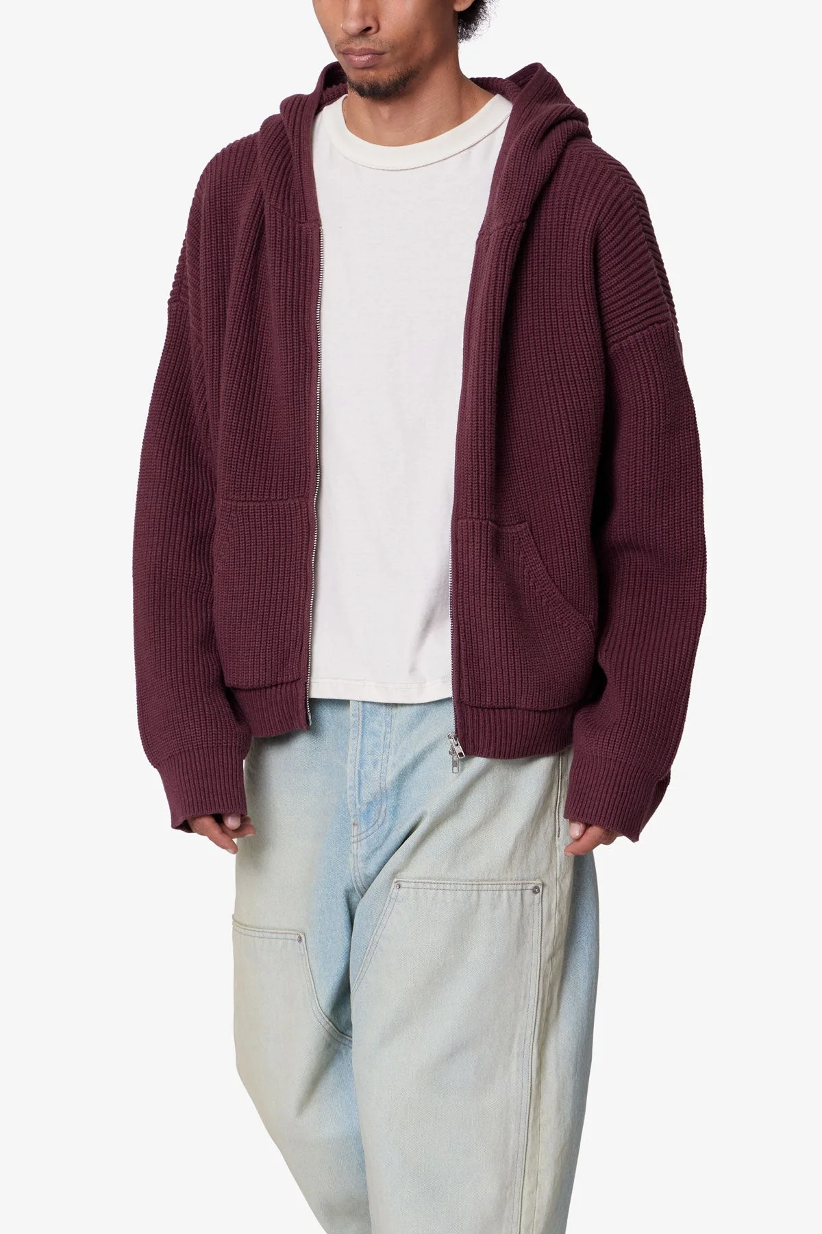 Knit Zip Up Hoodie - Burgundy - Image 6