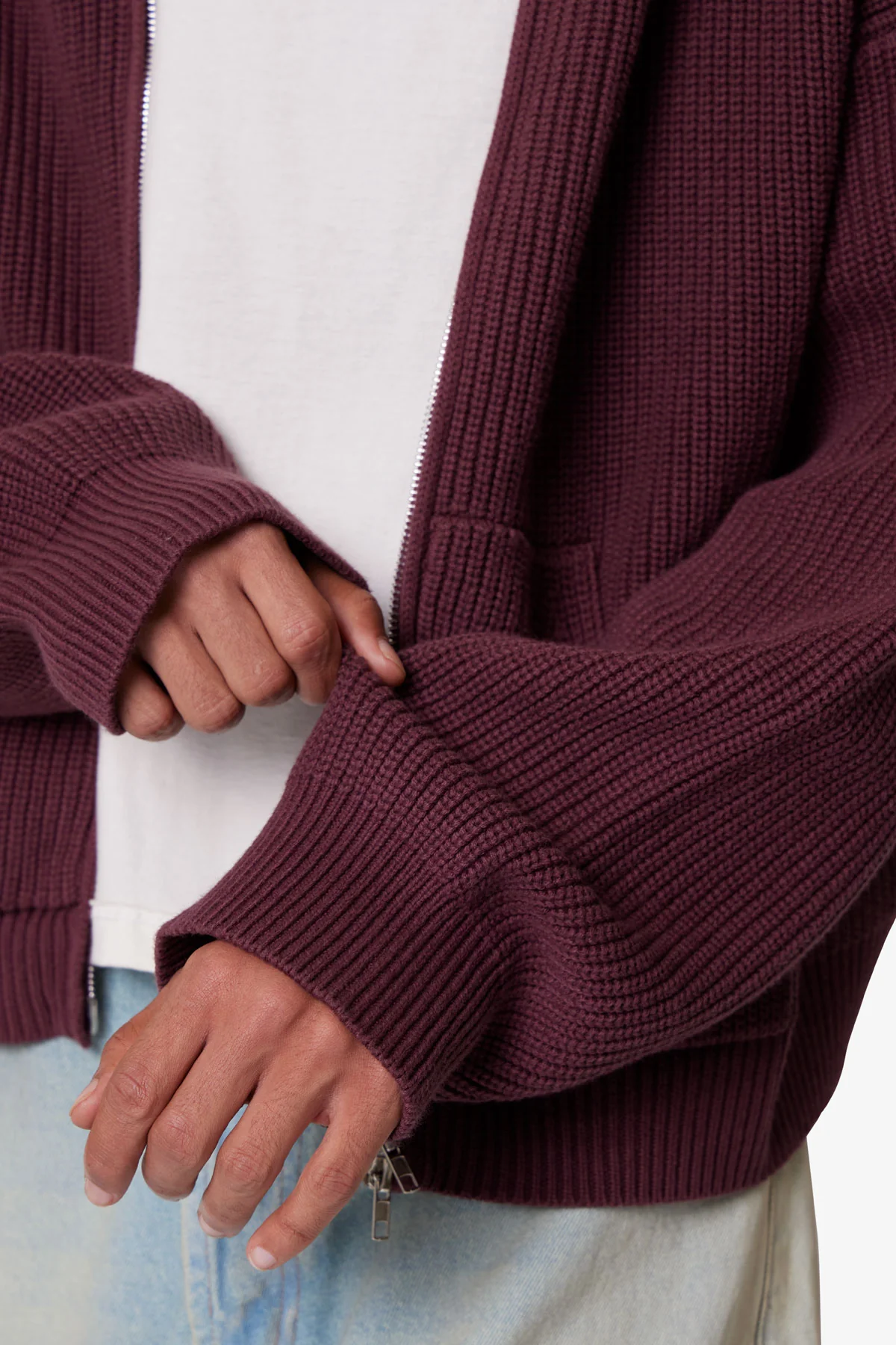 Knit Zip Up Hoodie - Burgundy - Image 8