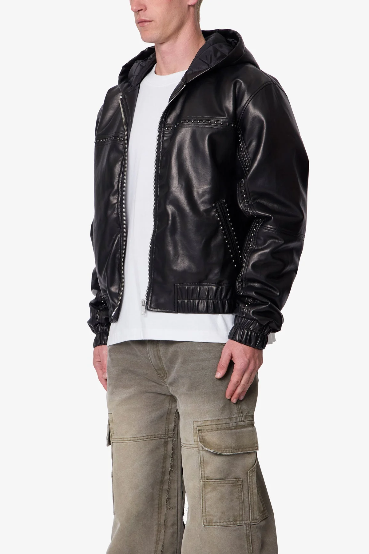 Leather Hooded Stud Jacket - Black - Image 3