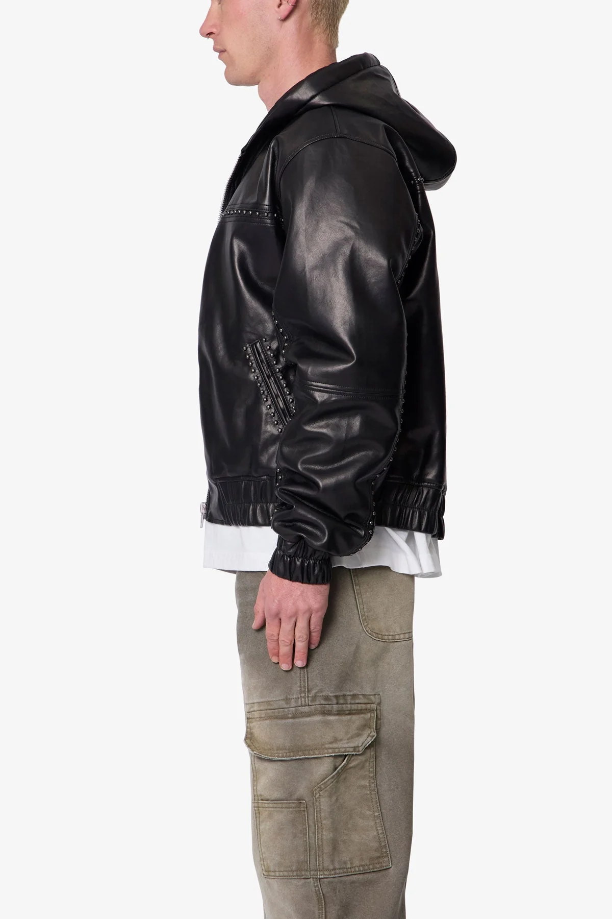 Leather Hooded Stud Jacket - Black - Image 4
