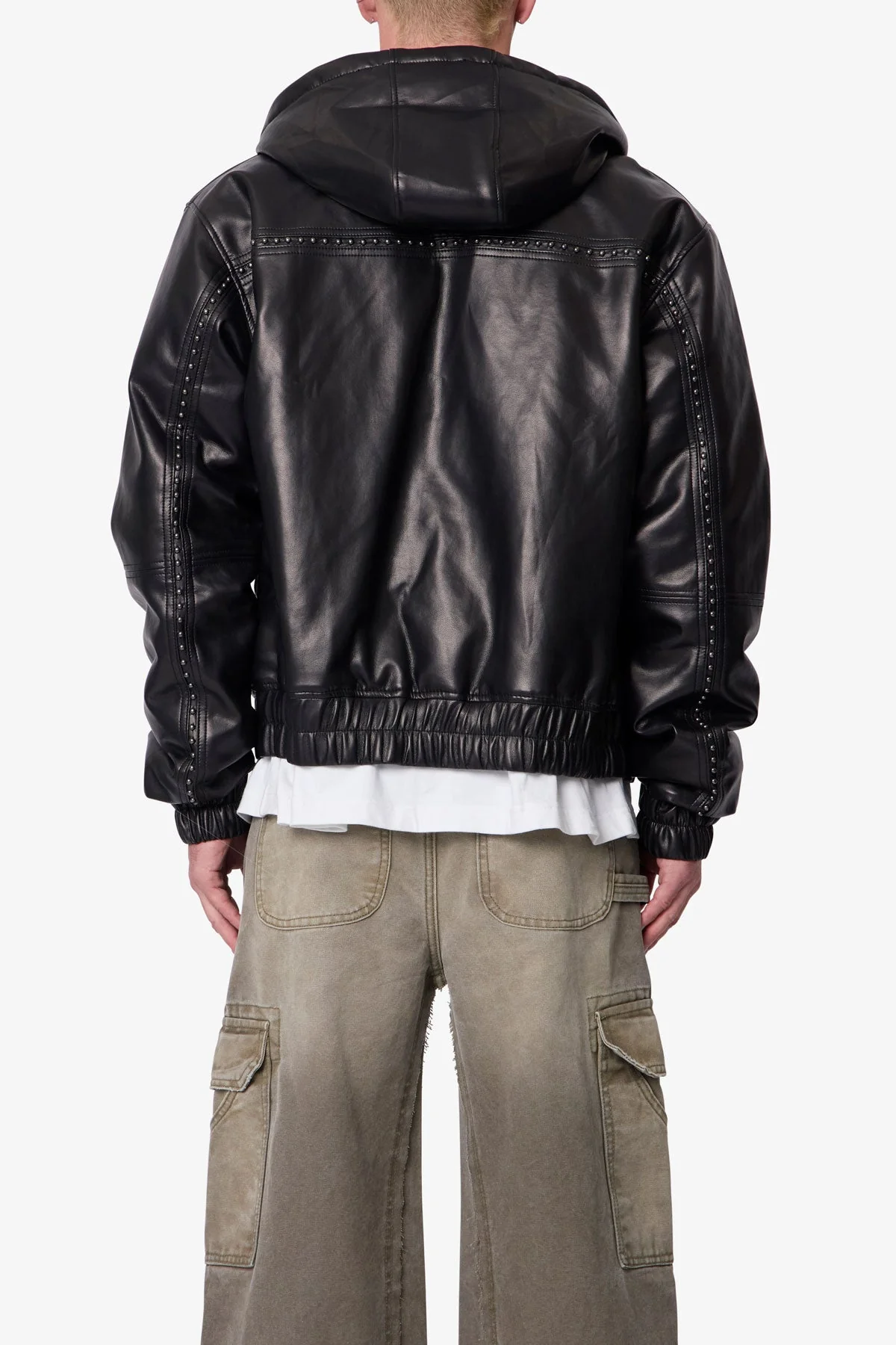 Leather Hooded Stud Jacket - Black - Image 5