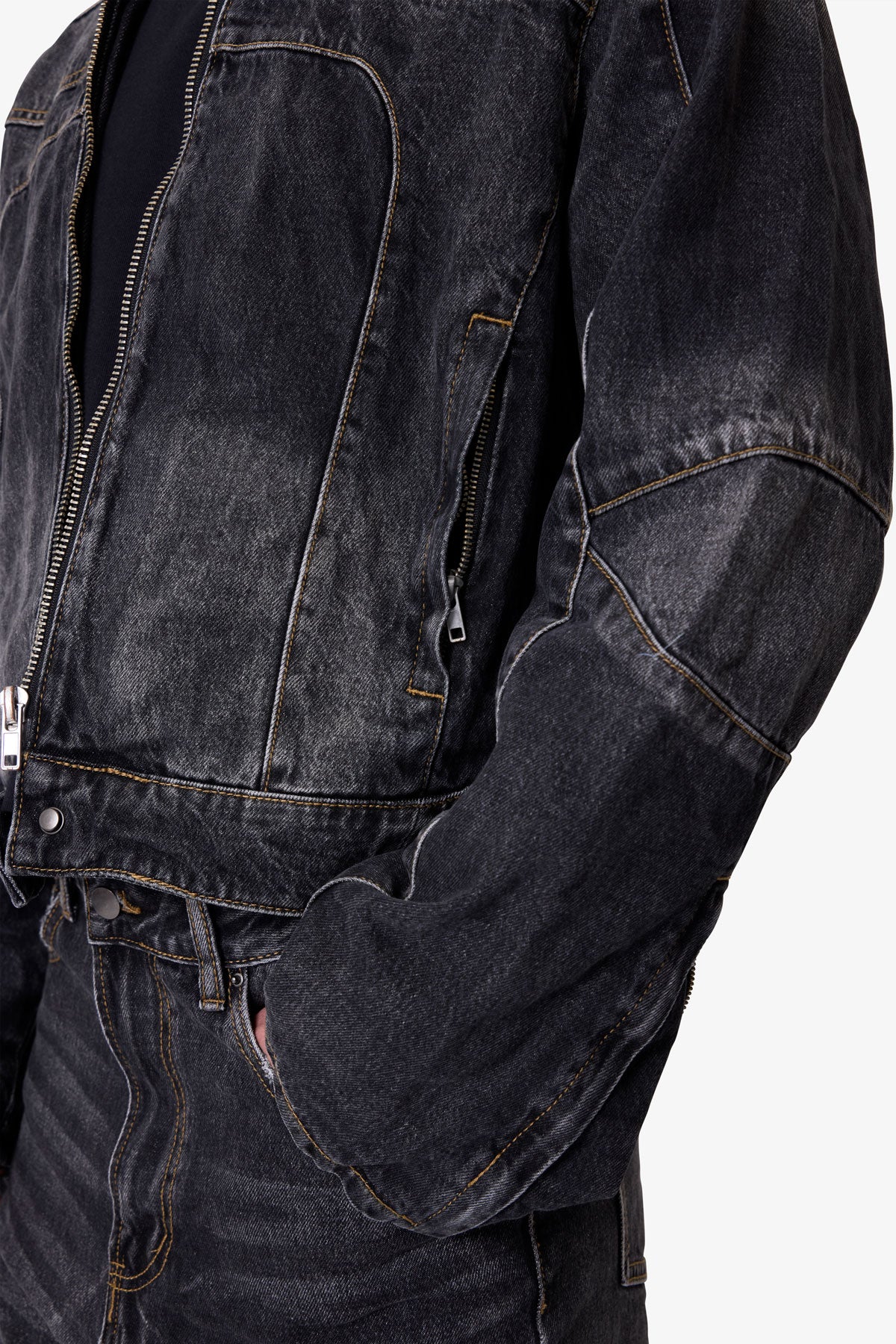 Paneled Moto Denim Jacket - Washed Black - Image 10