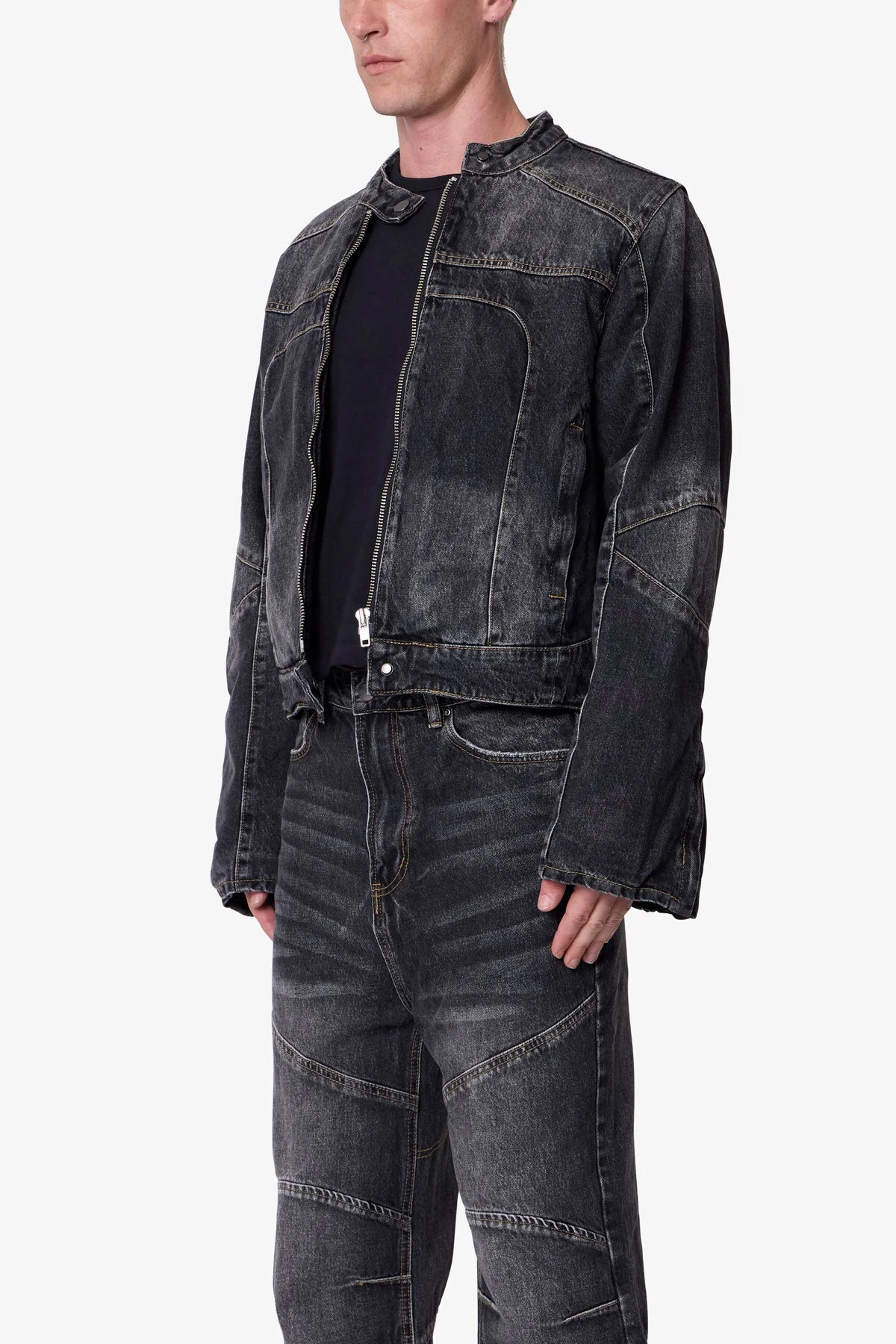 Paneled Moto Denim Jacket - Washed Black - Image 3