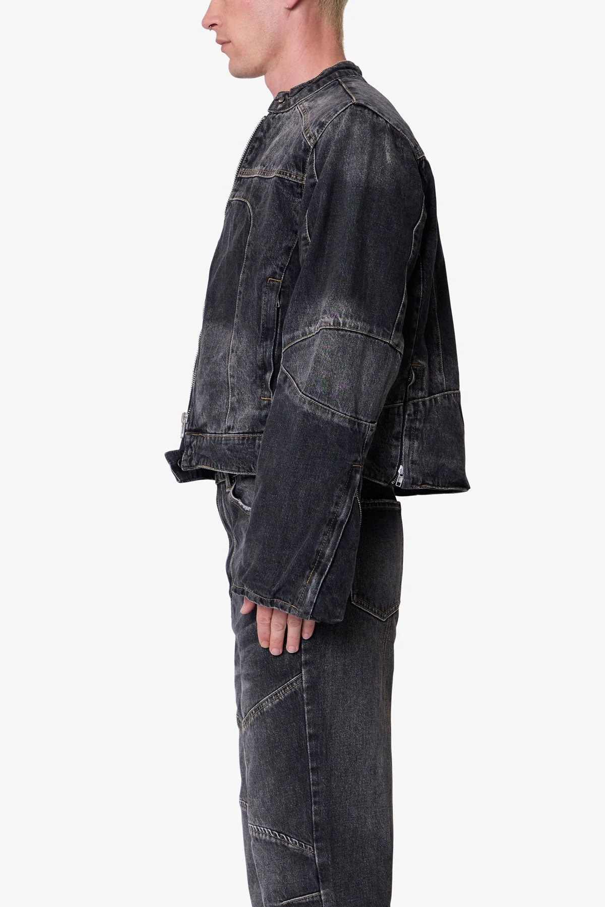 Paneled Moto Denim Jacket - Washed Black - Image 4