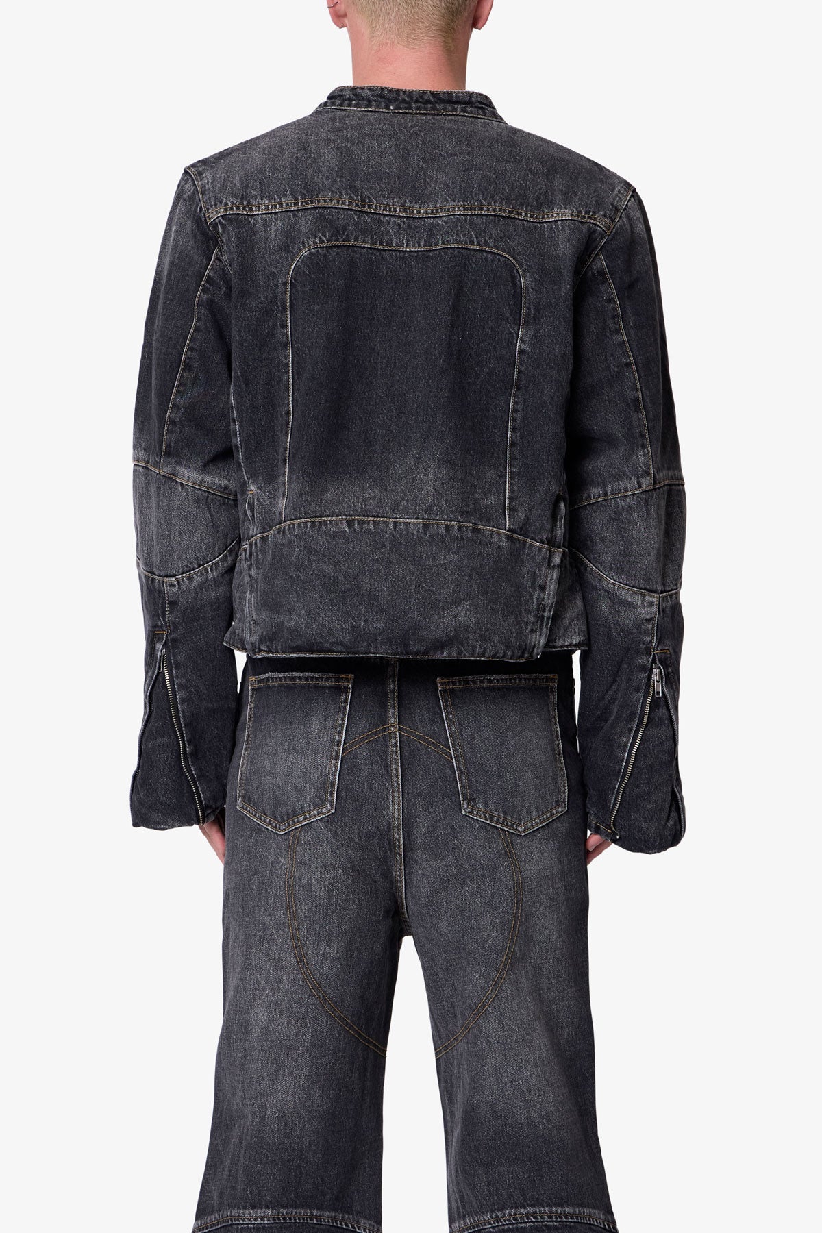 Paneled Moto Denim Jacket - Washed Black - Image 5