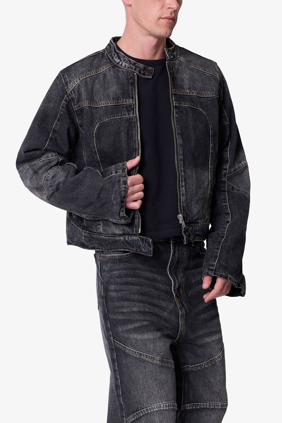 Paneled Moto Denim Jacket - Washed Black - Image 6