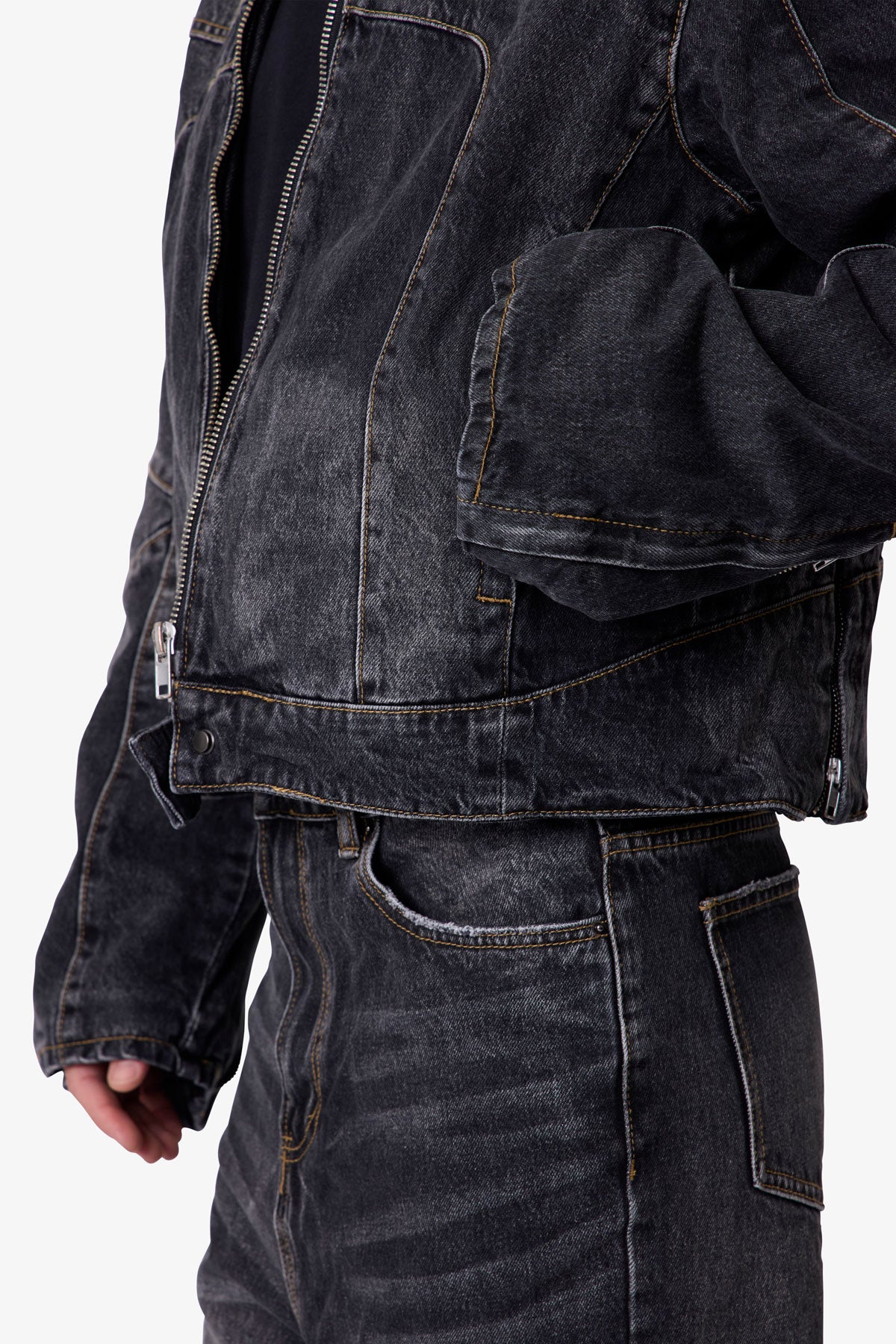 Paneled Moto Denim Jacket - Washed Black - Image 7