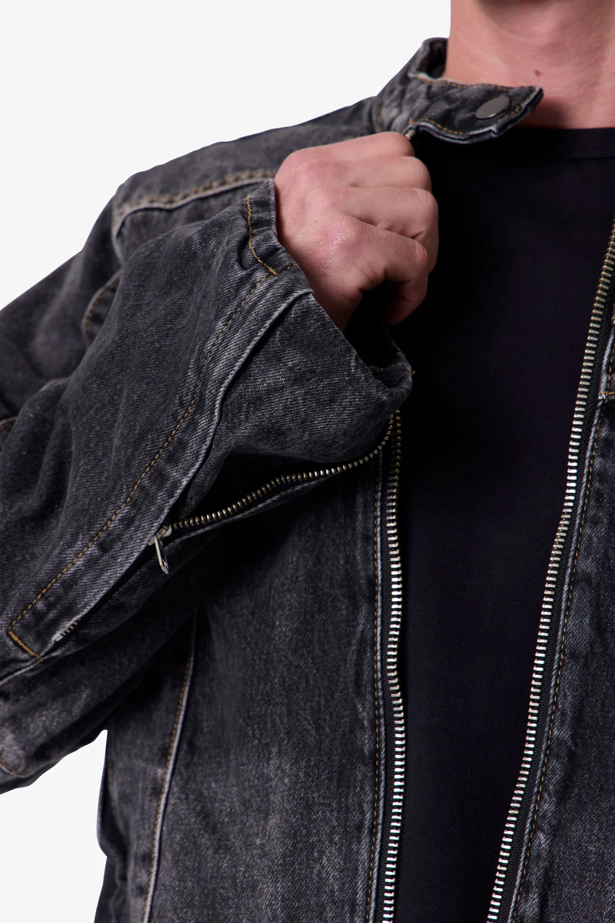 Paneled Moto Denim Jacket - Washed Black - Image 9