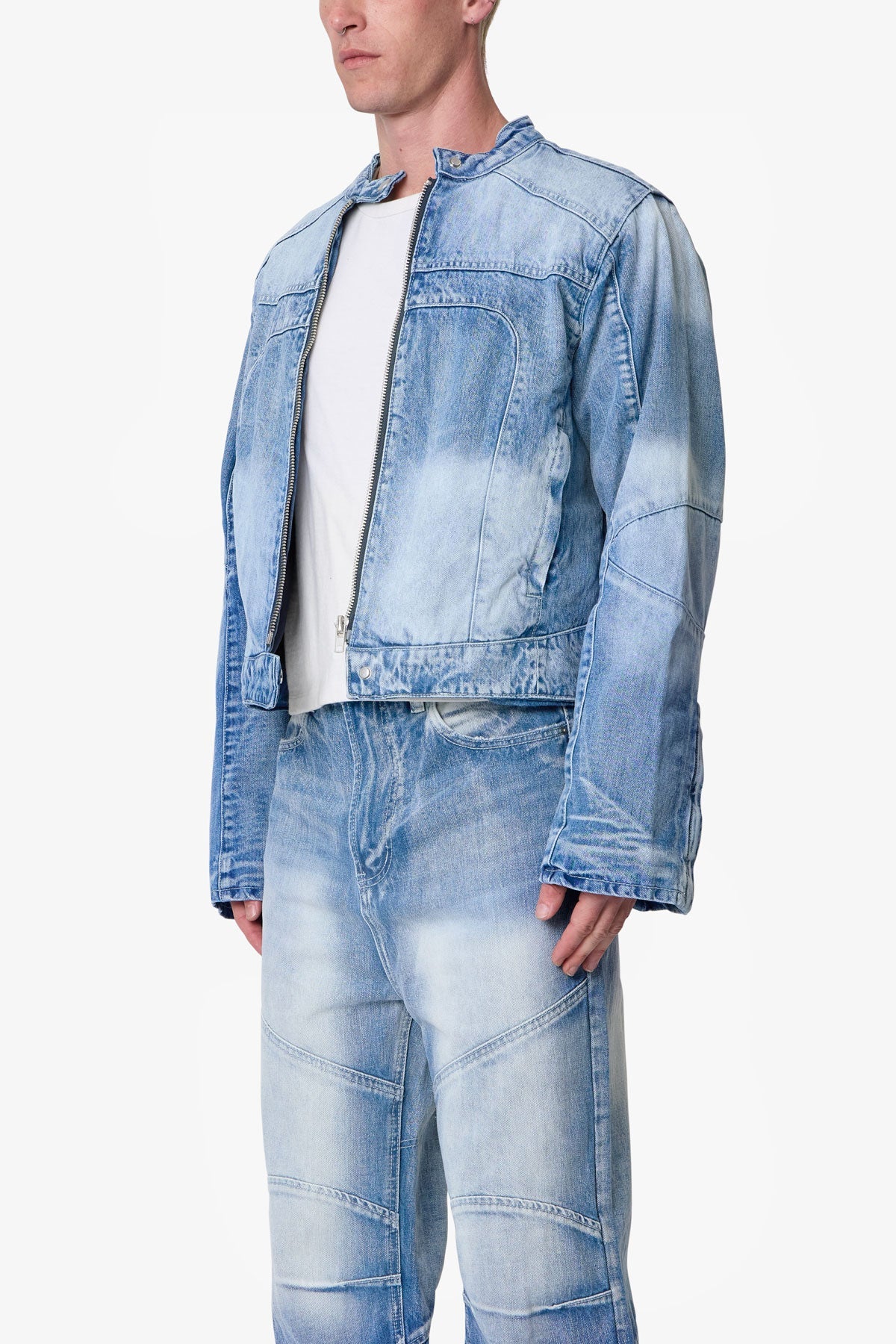 Paneled Moto Denim Jacket - Washed Blue - Image 3