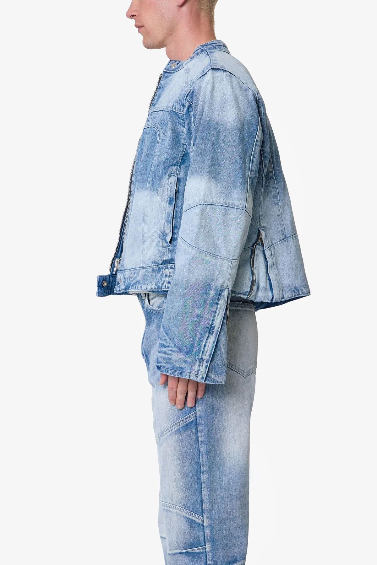 Paneled Moto Denim Jacket - Washed Blue - Image 4