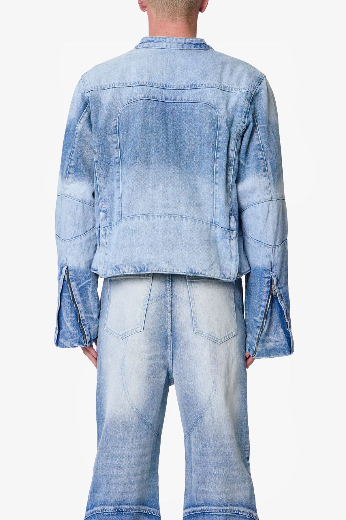 Paneled Moto Denim Jacket - Washed Blue - Image 5