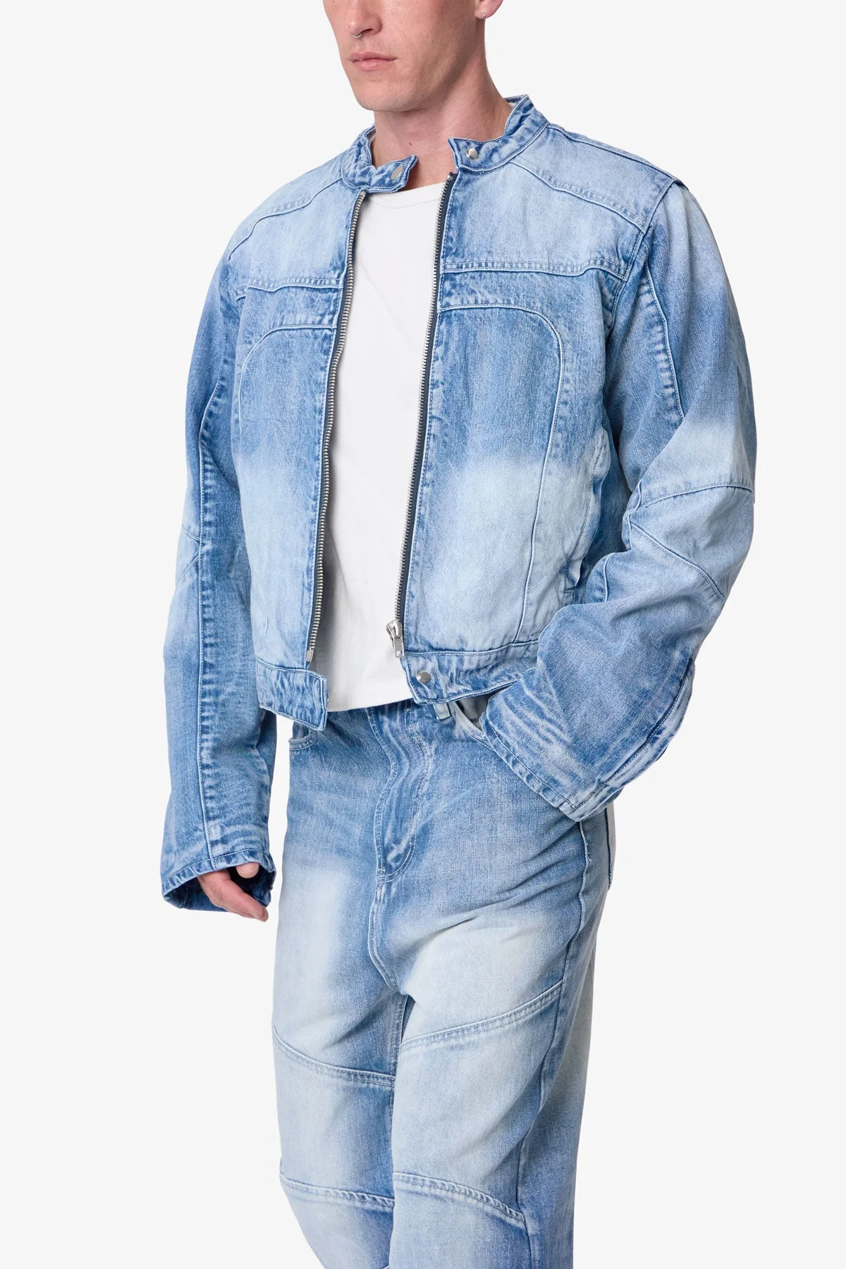 Paneled Moto Denim Jacket - Washed Blue - Image 6