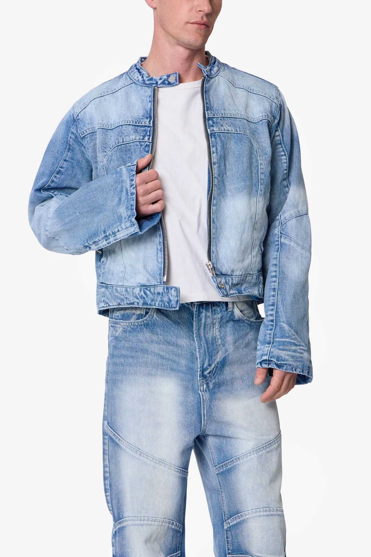 Paneled Moto Denim Jacket - Washed Blue - Image 7