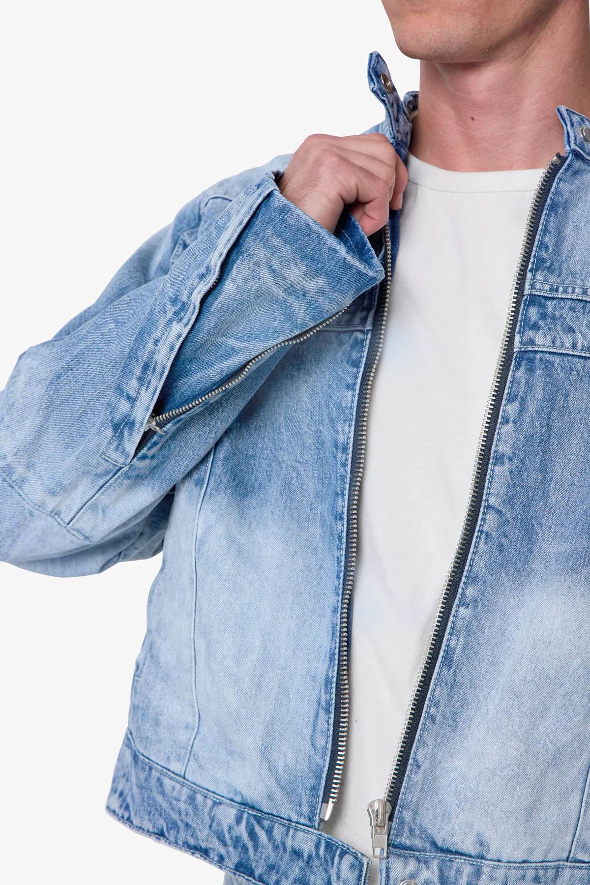 Paneled Moto Denim Jacket - Washed Blue - Image 8
