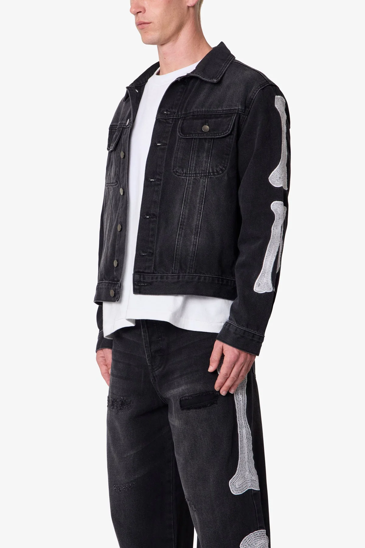 Skeleton Trucker Jacket - Washed Black - Image 4