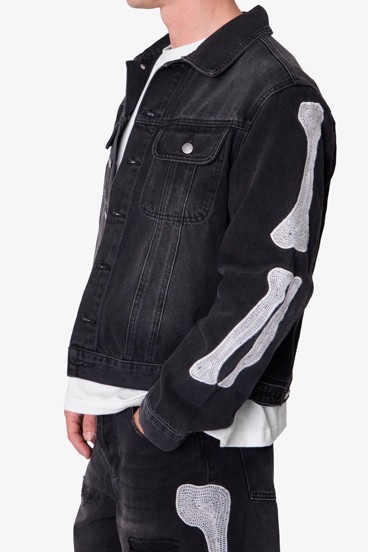 Skeleton Trucker Jacket - Washed Black - Image 6