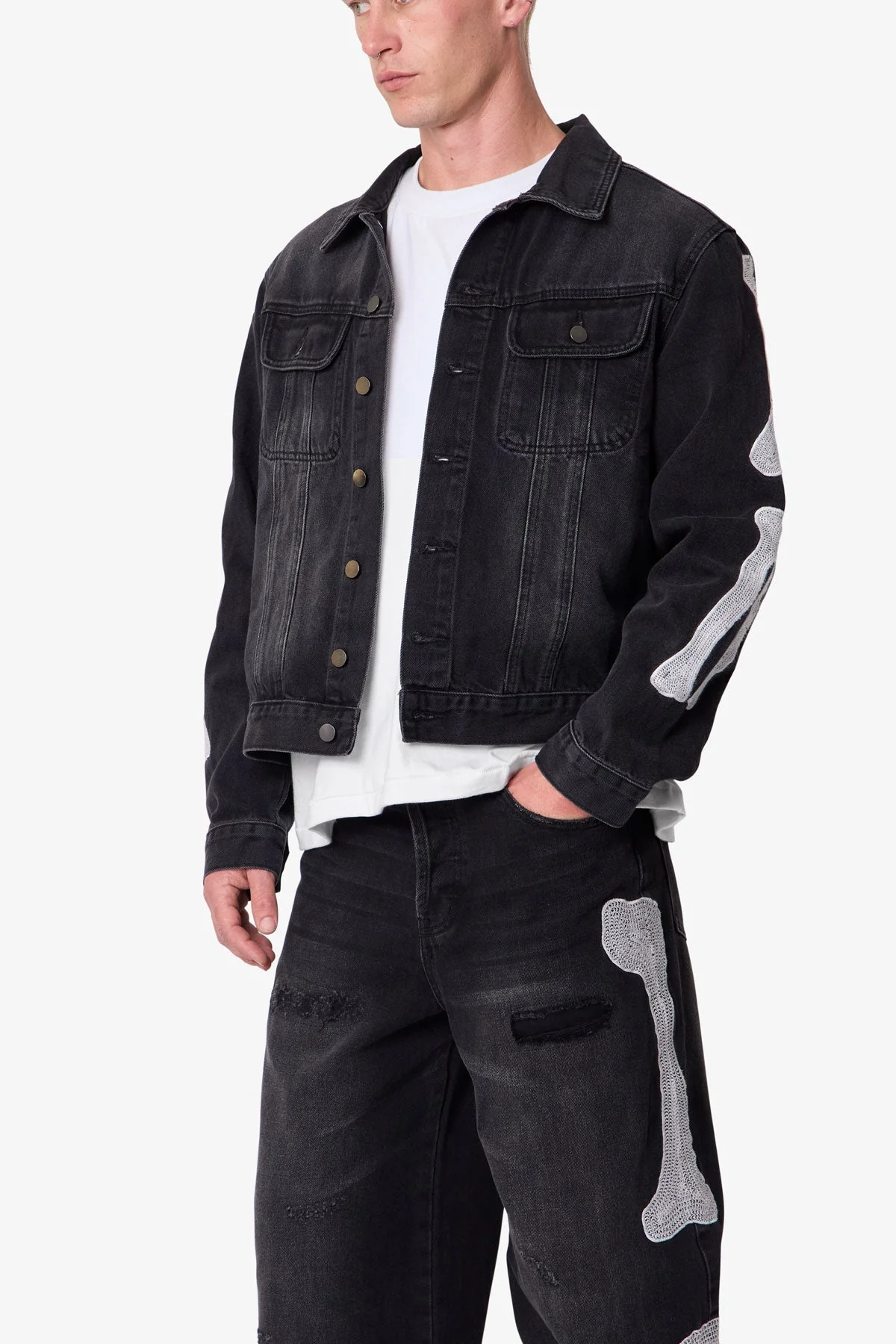 Skeleton Trucker Jacket - Washed Black - Image 7