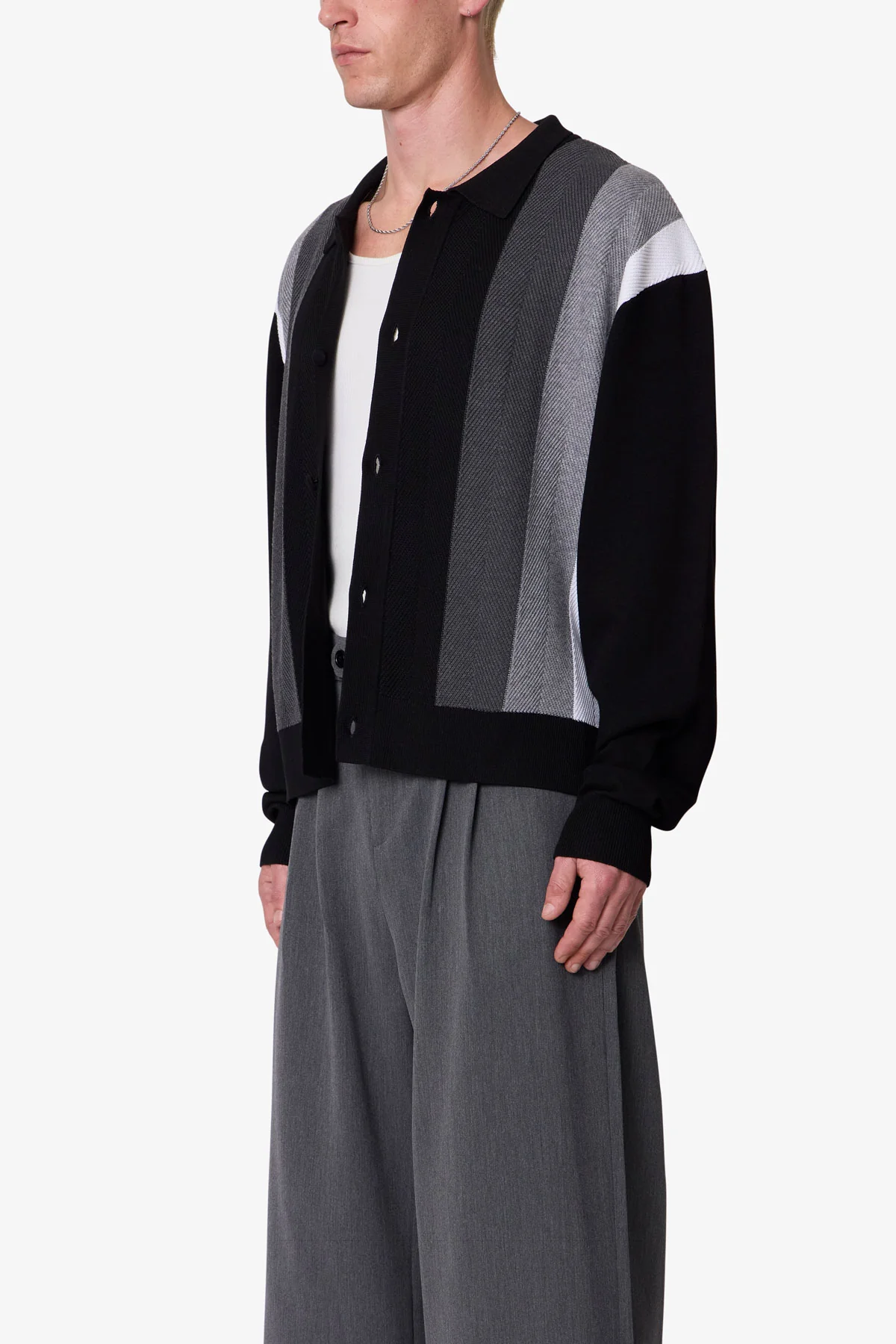 Striped Collared Cardigan Sweater - Black - Image 3