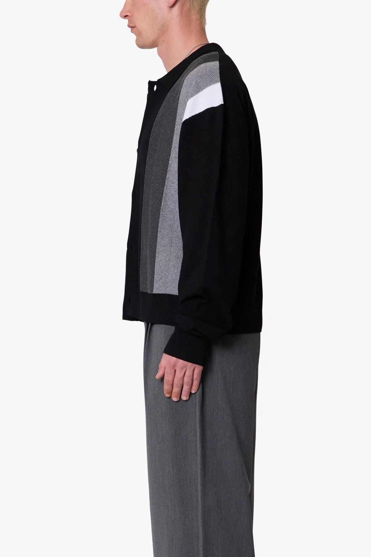 Striped Collared Cardigan Sweater - Black - Image 4