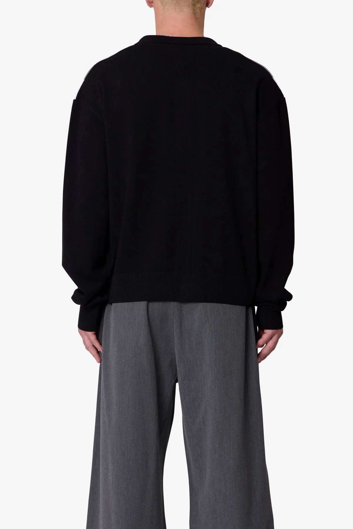 Striped Collared Cardigan Sweater - Black - Image 5