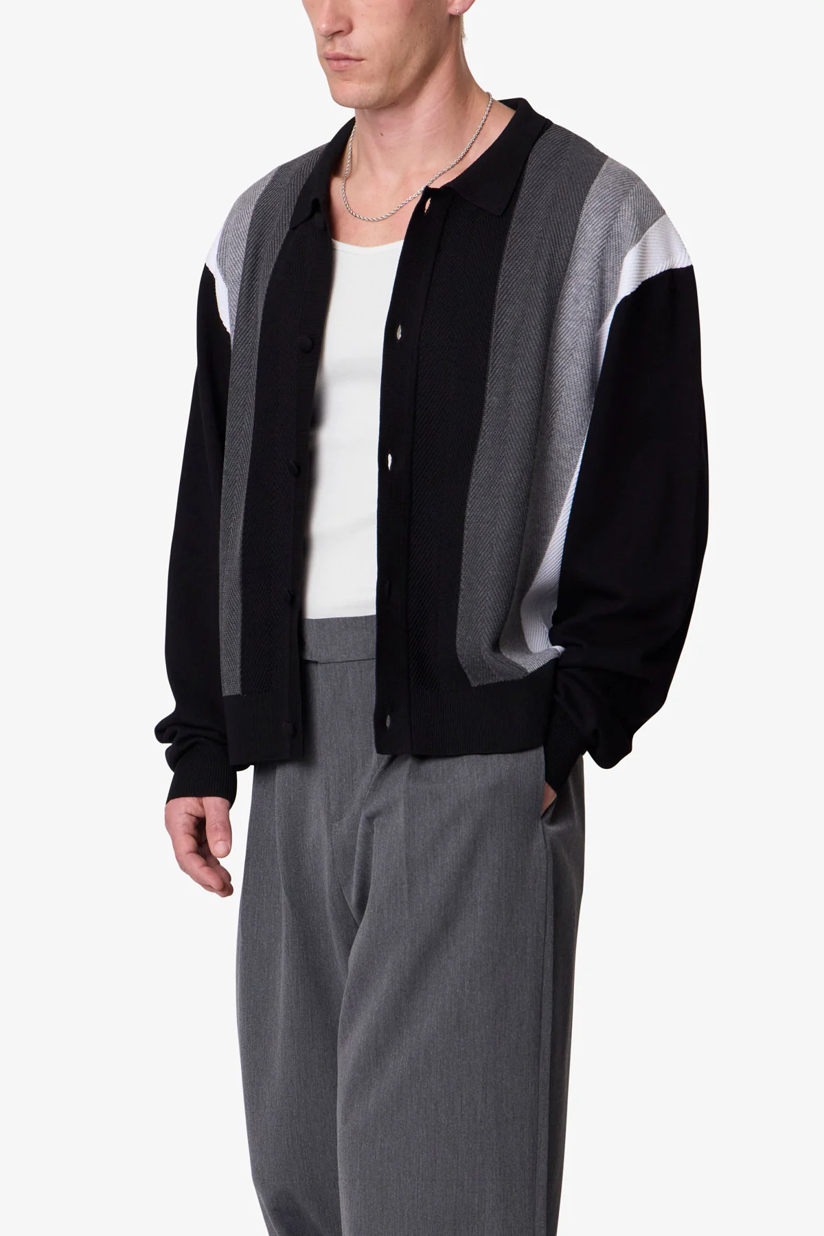 Striped Collared Cardigan Sweater - Black - Image 6