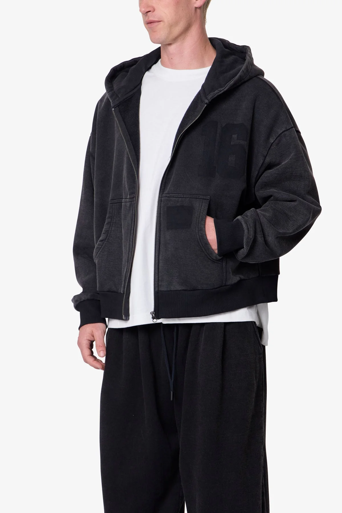 Vintage Back Yoke Zip Up Hoodie - Washed Black - Image 6