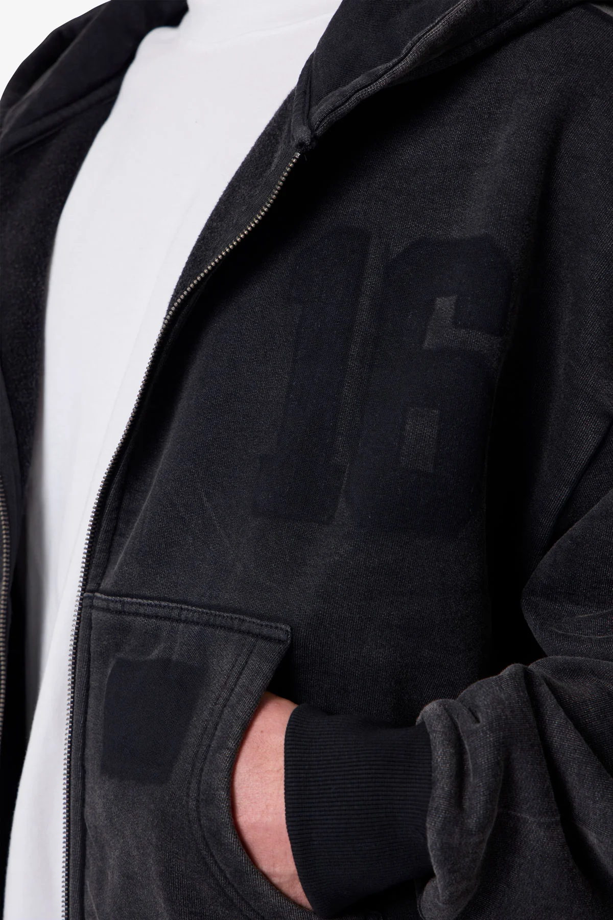 Vintage Back Yoke Zip Up Hoodie - Washed Black - Image 7