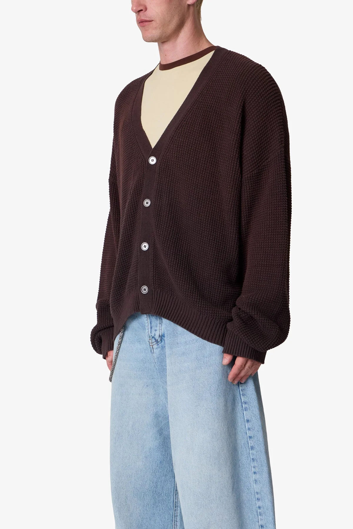 Waffle Cardigan Sweater - Brown - Image 3