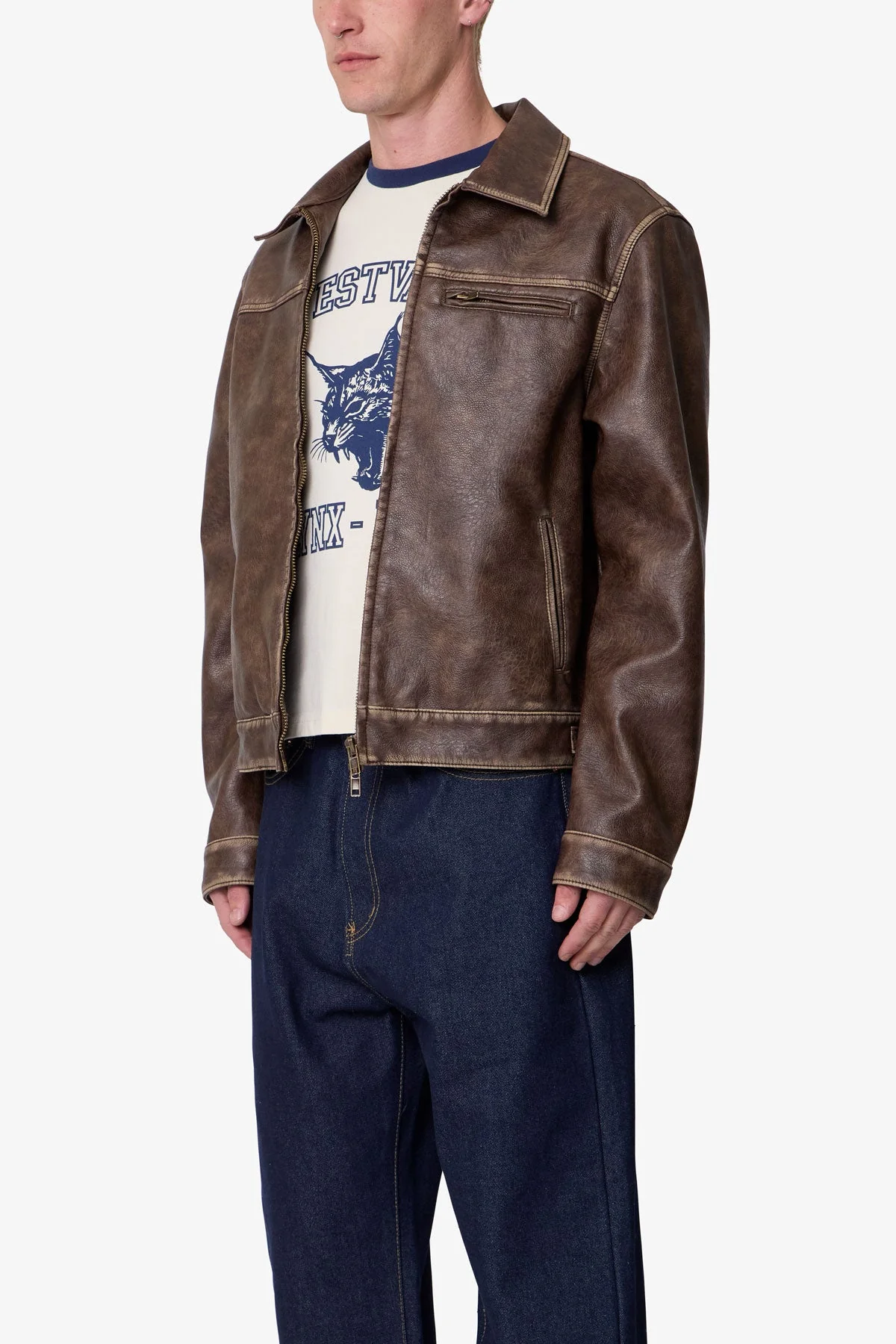 Washed Leather Jacket - Brown - Image 3