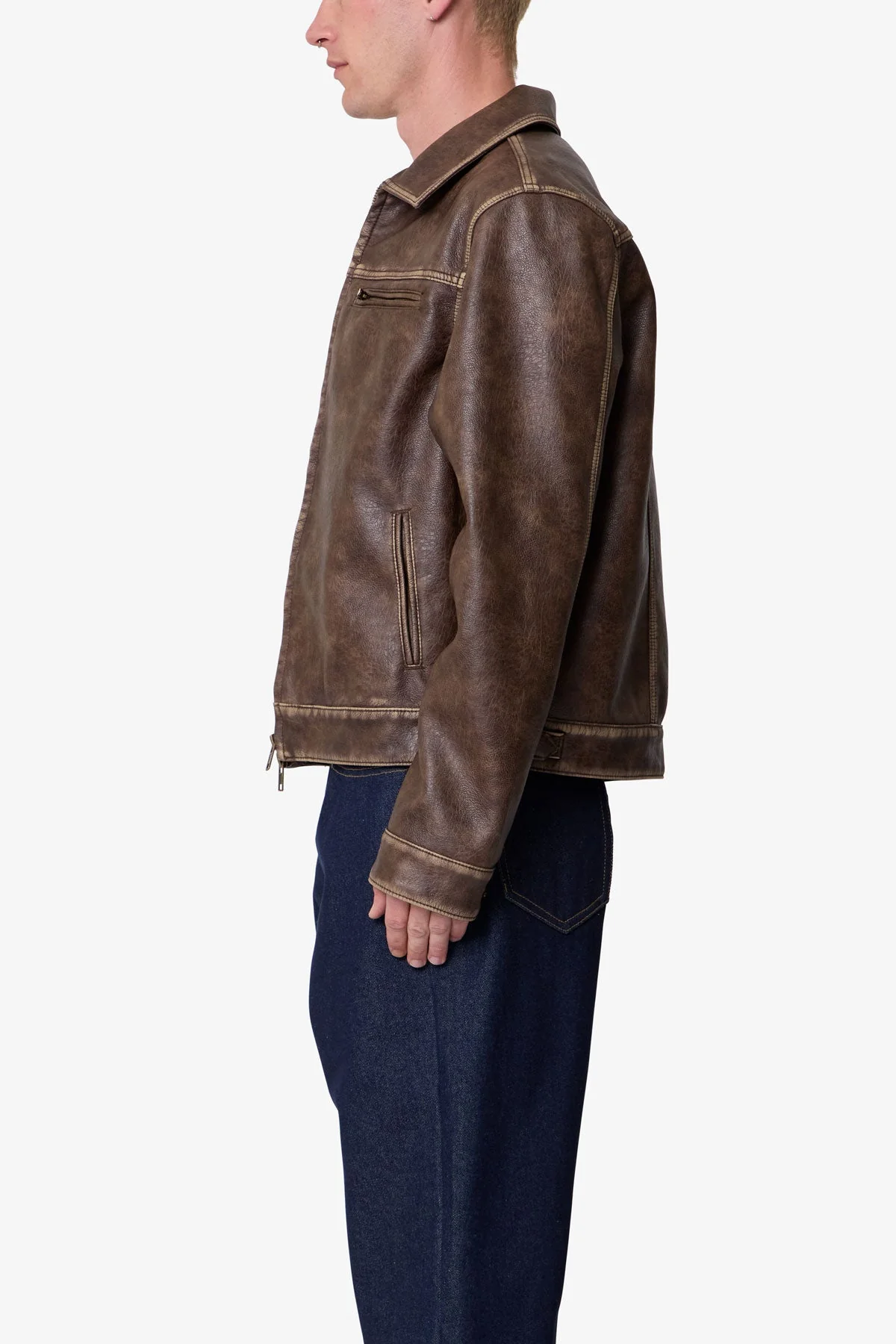 Washed Leather Jacket - Brown - Image 4