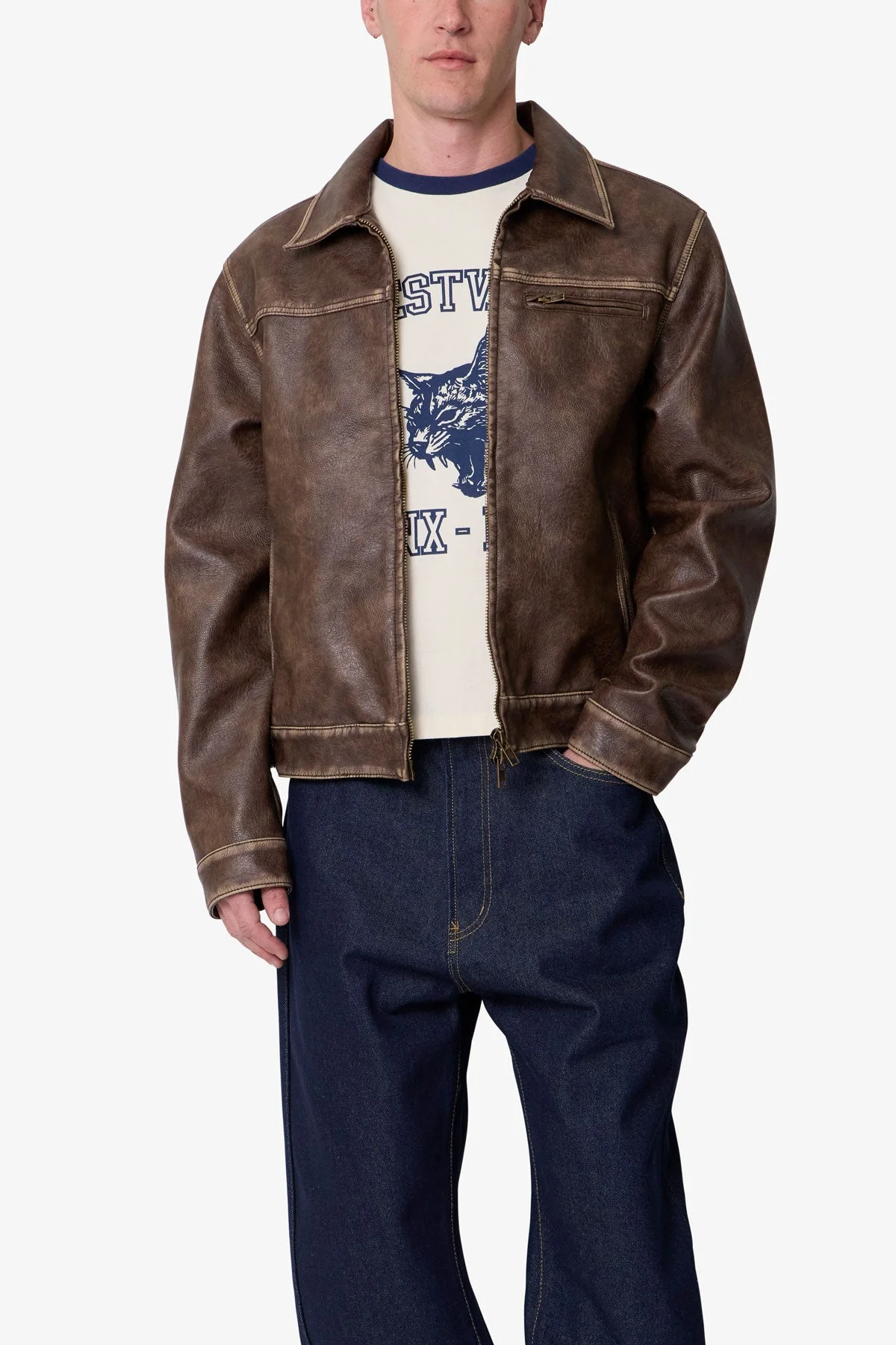 Washed Leather Jacket - Brown - Image 6